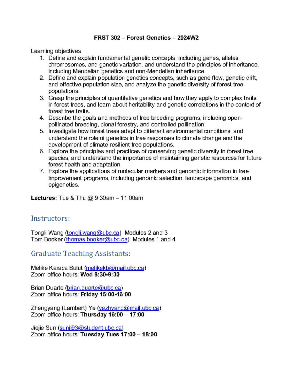 2024 FRST 302 Course Outline: Forest Genetics Learning Objectives - Studocu