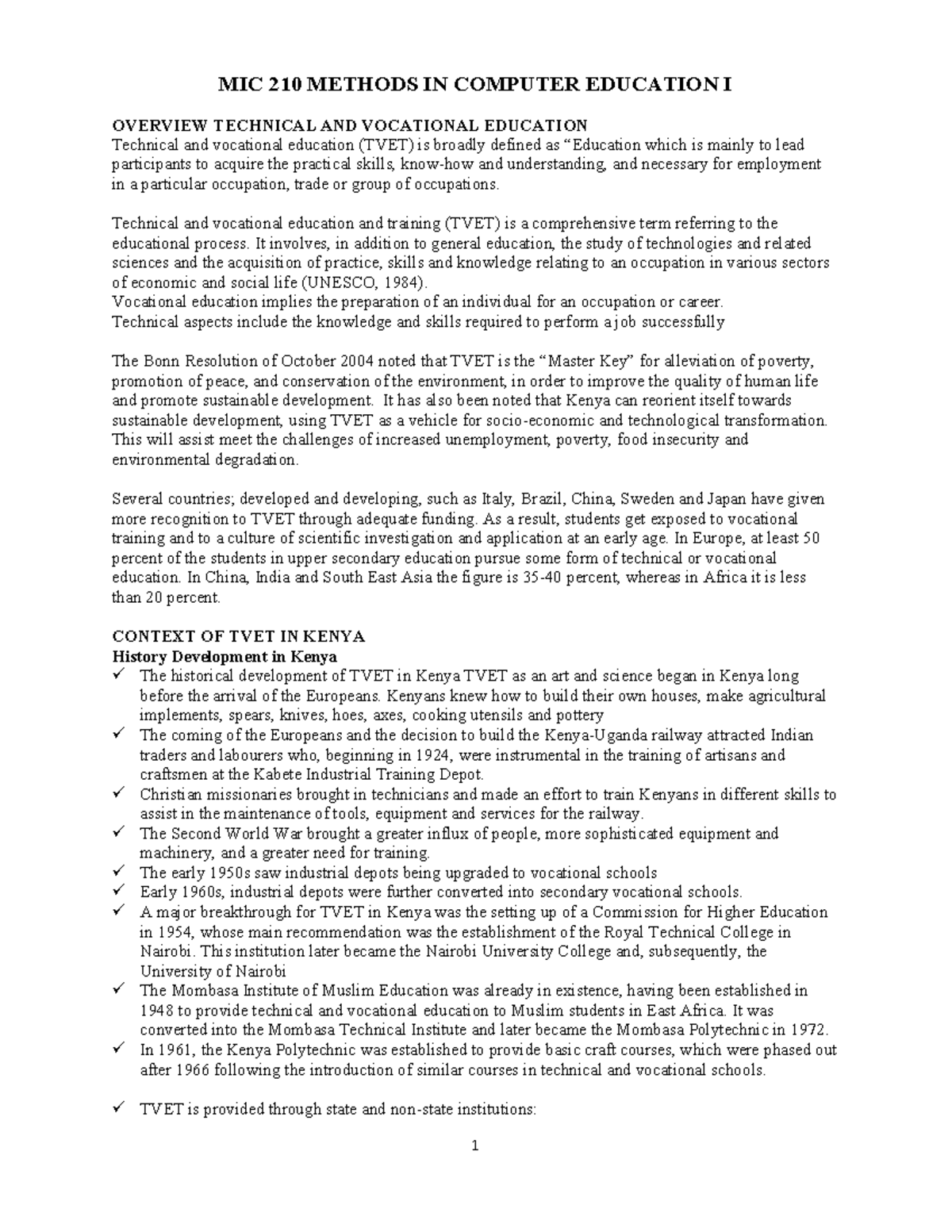 MIC 210 Notes TED(1) - MIC 210 METHODS IN COMPUTER EDUCATION I OVERVIEW ...