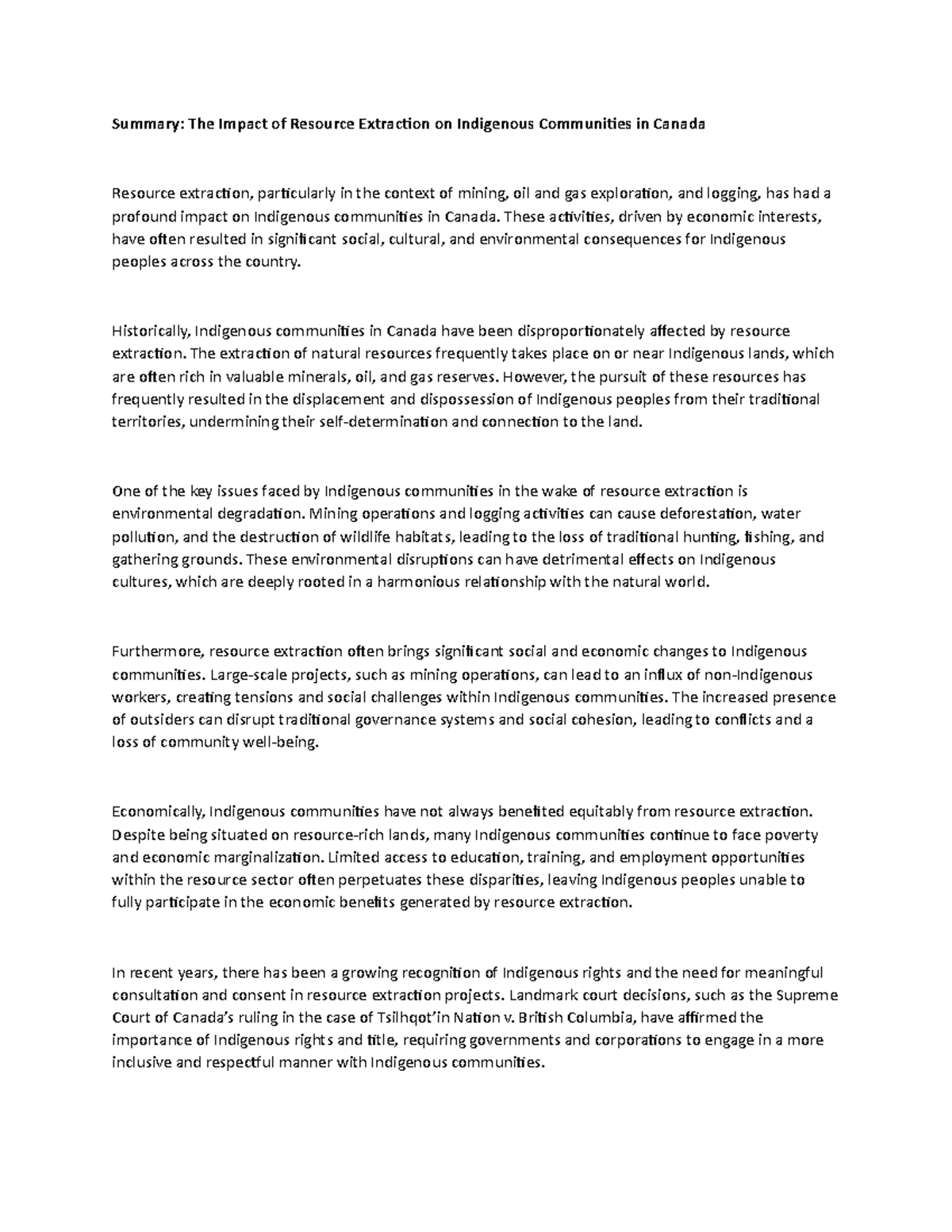 Impact of Resource Extraction on Indigenous Communities in Canada - Studocu