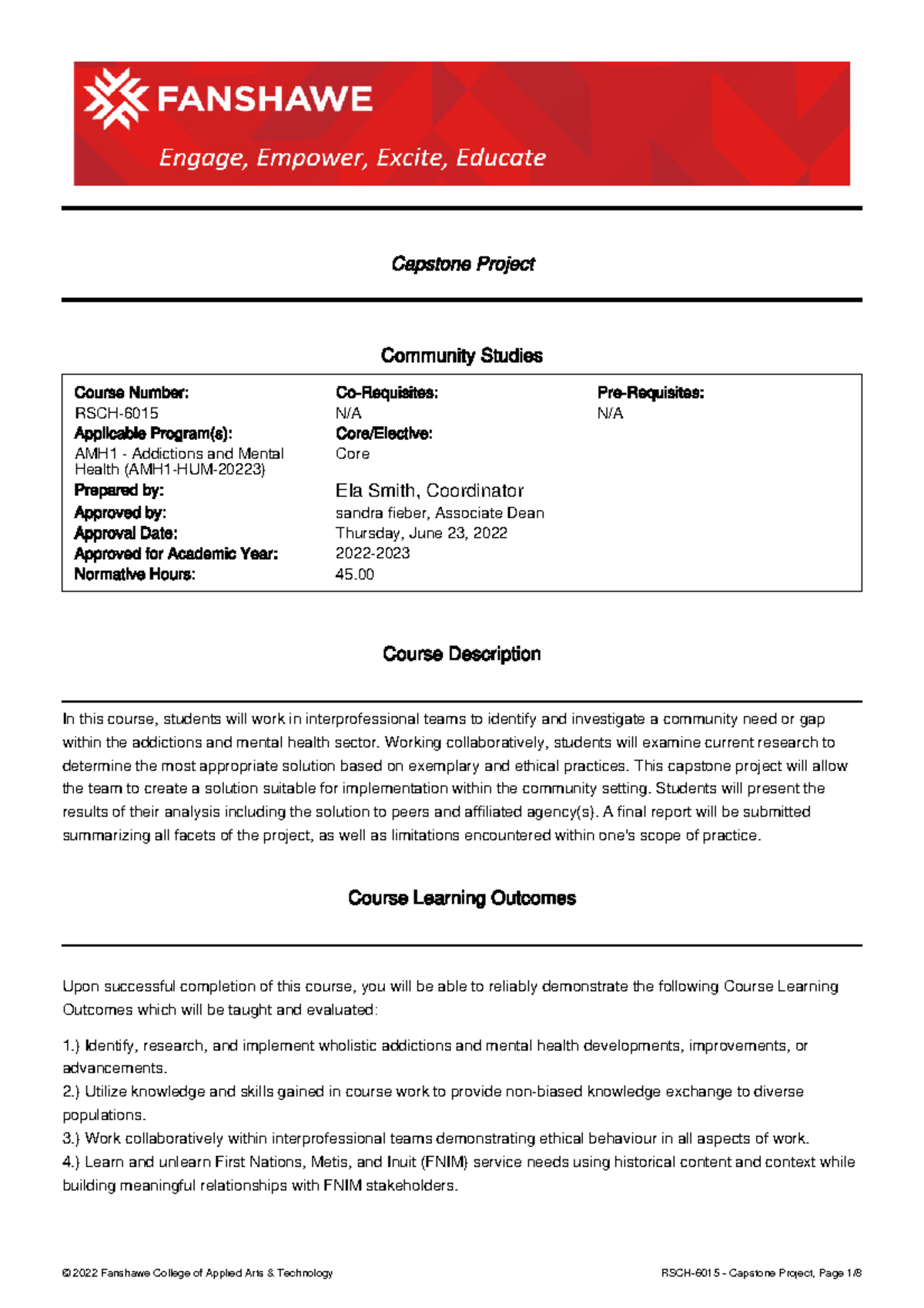 Fanshawe - Capstone Course Outline for Addictions and Mental Health ...