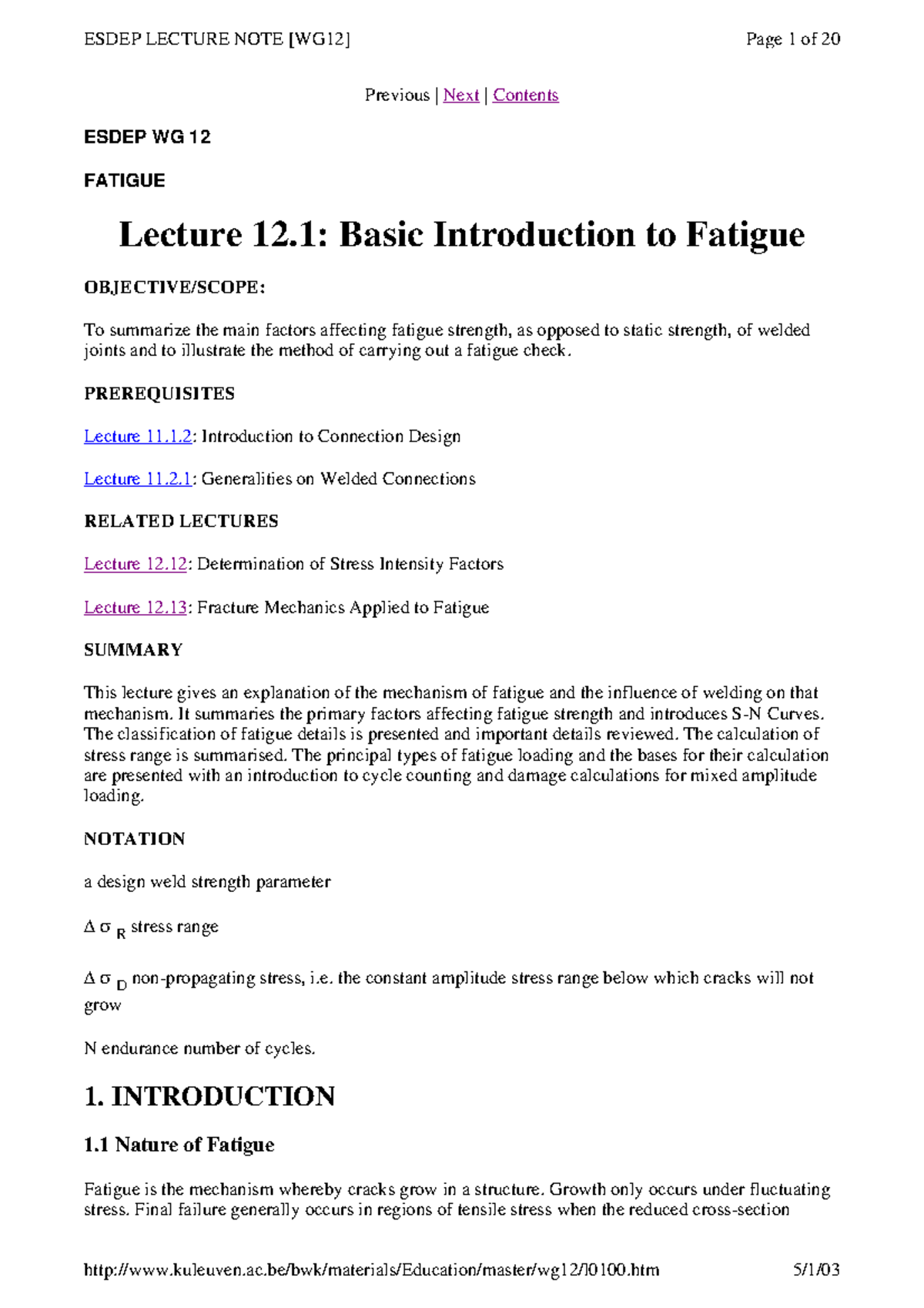 ESDEP WG12 Lecture 12.1: Intro to Fatigue Mechanisms and Strength ...