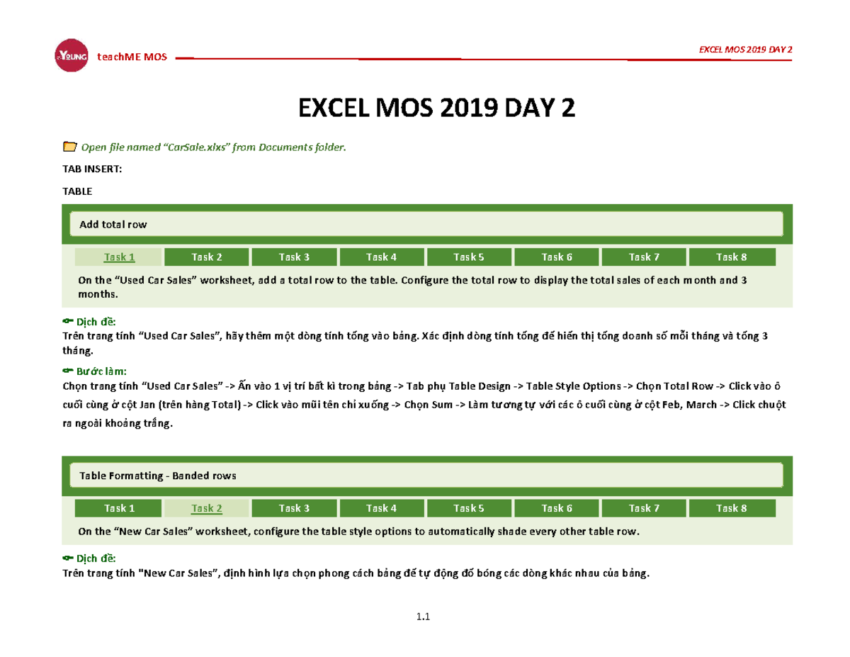EXCEL MOS 2019 DAY 2: Car Worksheet Tasks and Instructions - Studocu