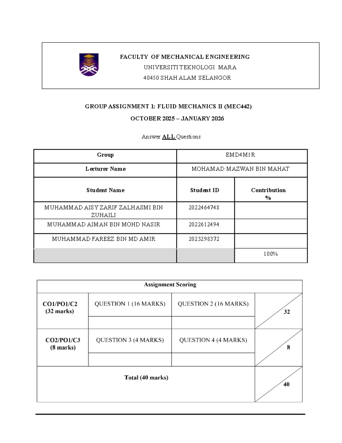 MEC442 Fluid Mechanics II Group Assignment 1 - October 2025 - Studocu