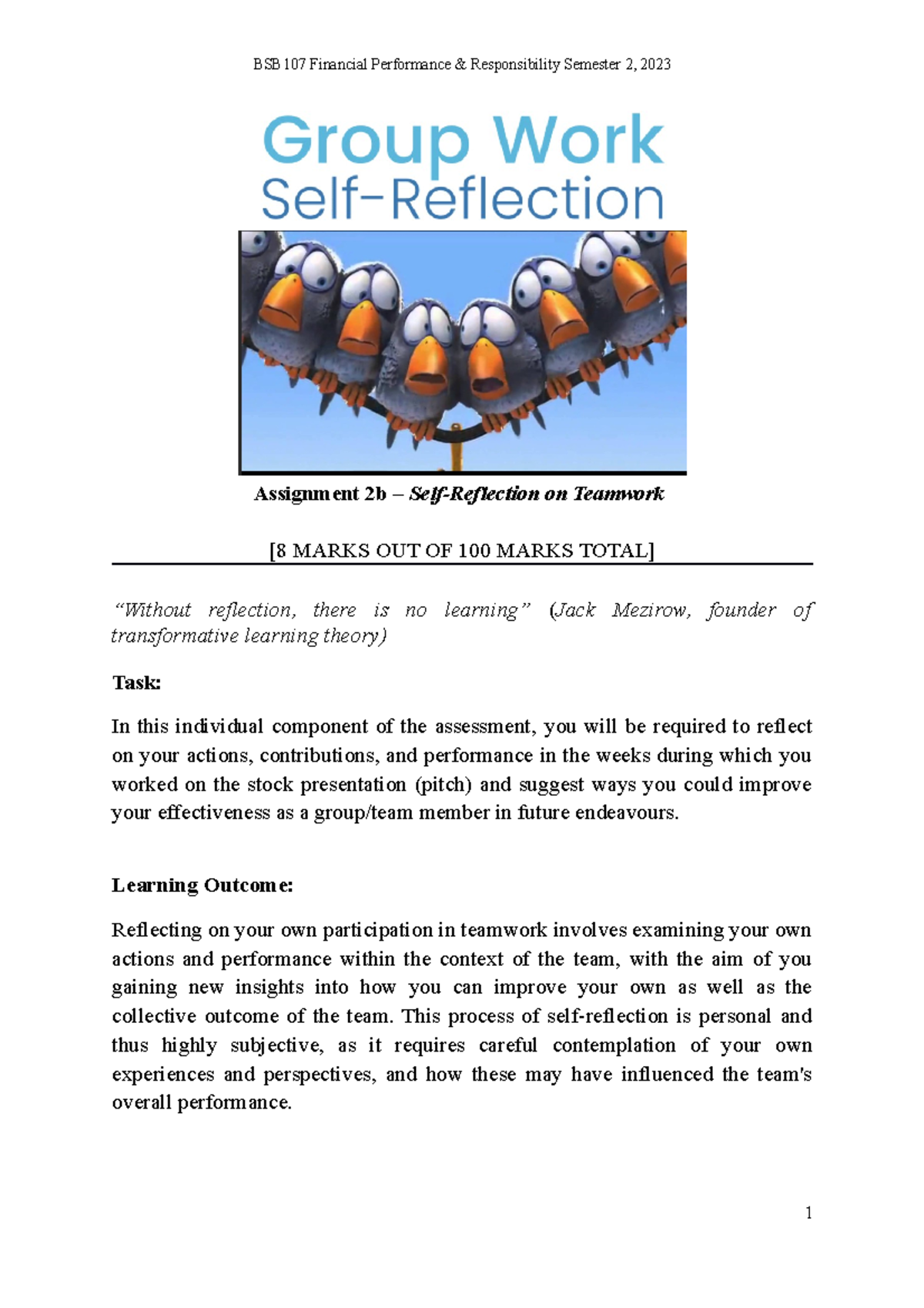 BSB107 Assignment 2b: Self-Reflection on Teamwork Performance - Studocu