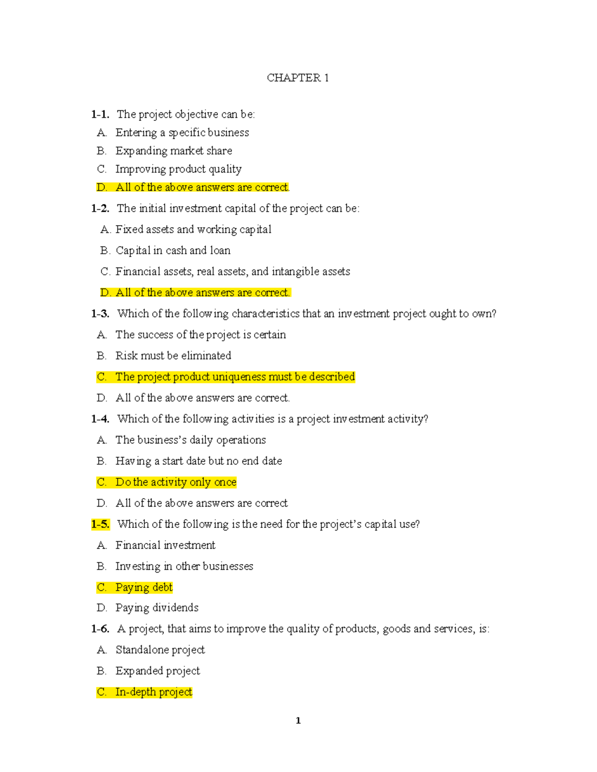 CHAPTER 1 & 2: Project Appraisal and Investment Analysis - Trắc nghiệm ...