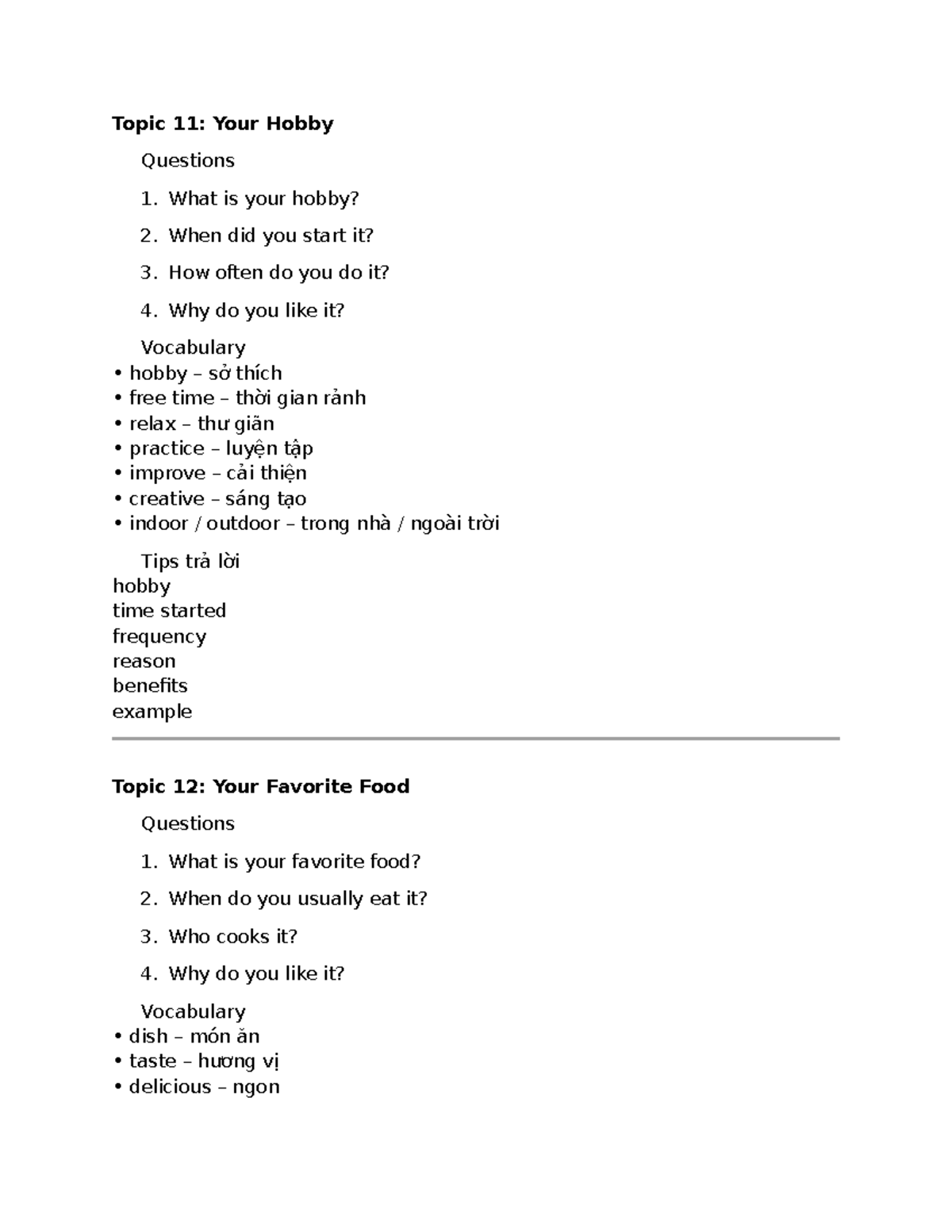 Speaking Grade 7: Topics on Hobbies, Food, and More - Studocu