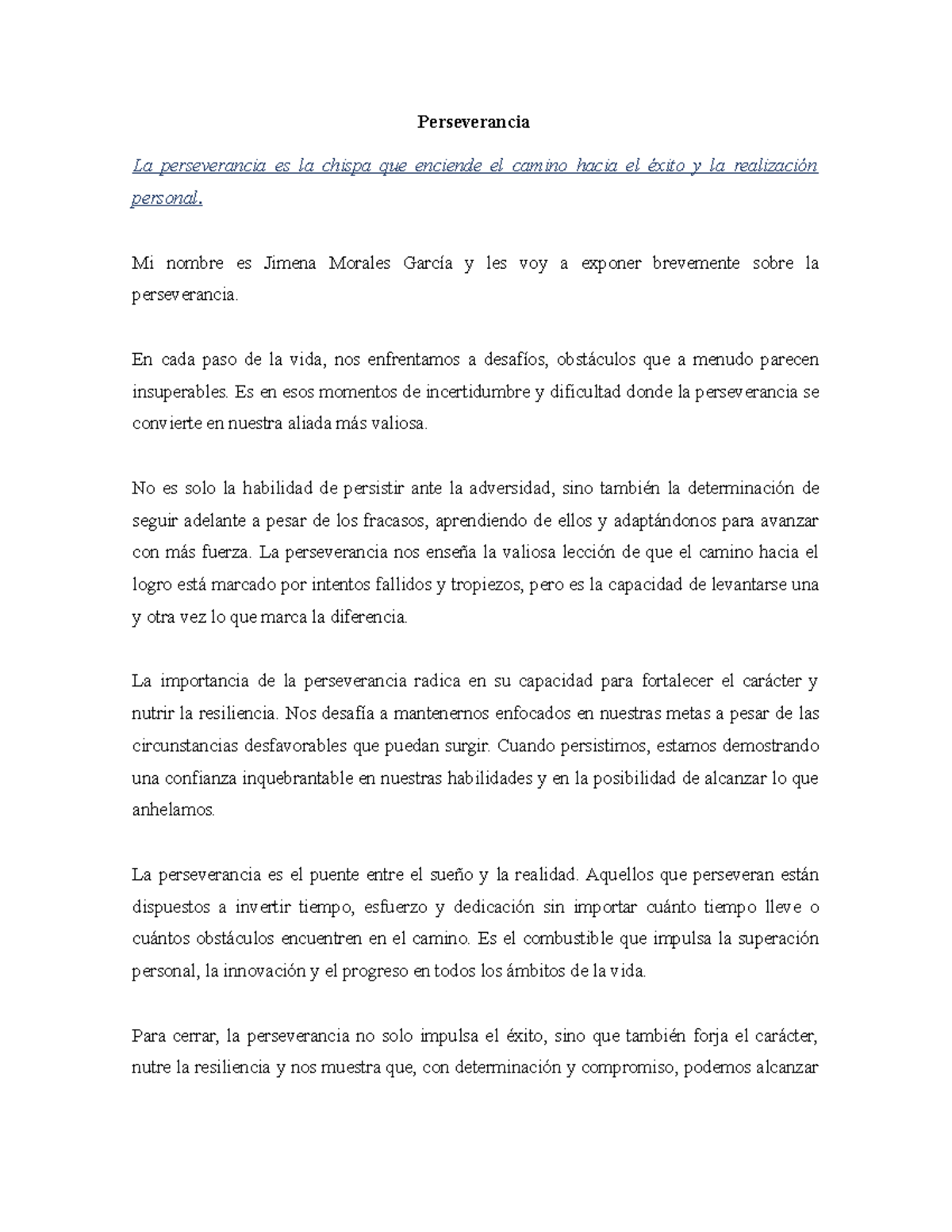 Discurso sobre la Perseverancia y su Importancia en el Éxito - Studocu