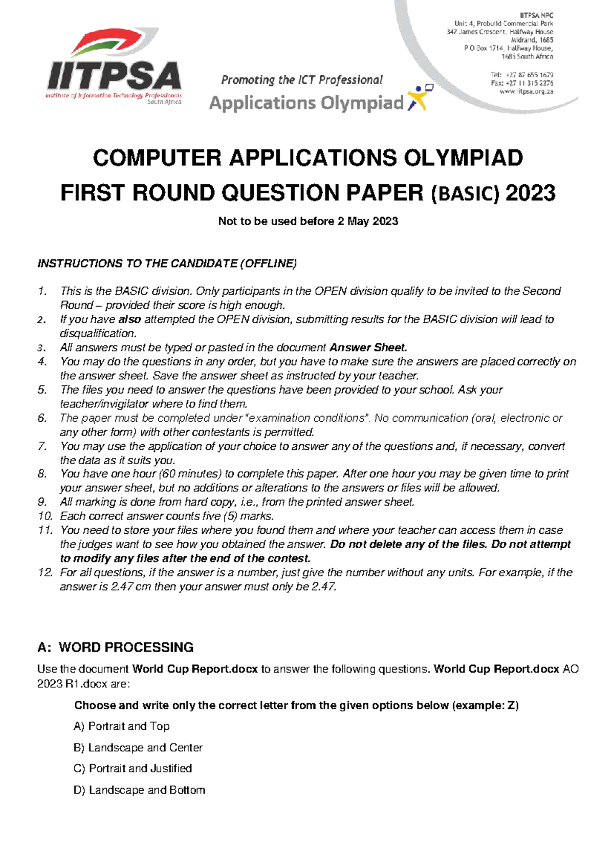 COMPUTER APPLICATIONS OLYMPIAD 2023: BASIC ROUND 1 QUESTION PAPER - Studocu
