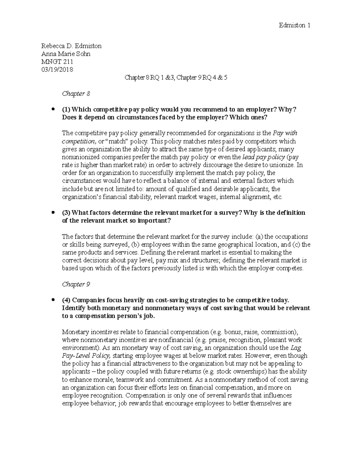 MNGT 211 - Chapter 8 & 9 Study Notes for Competitive Pay Strategies ...