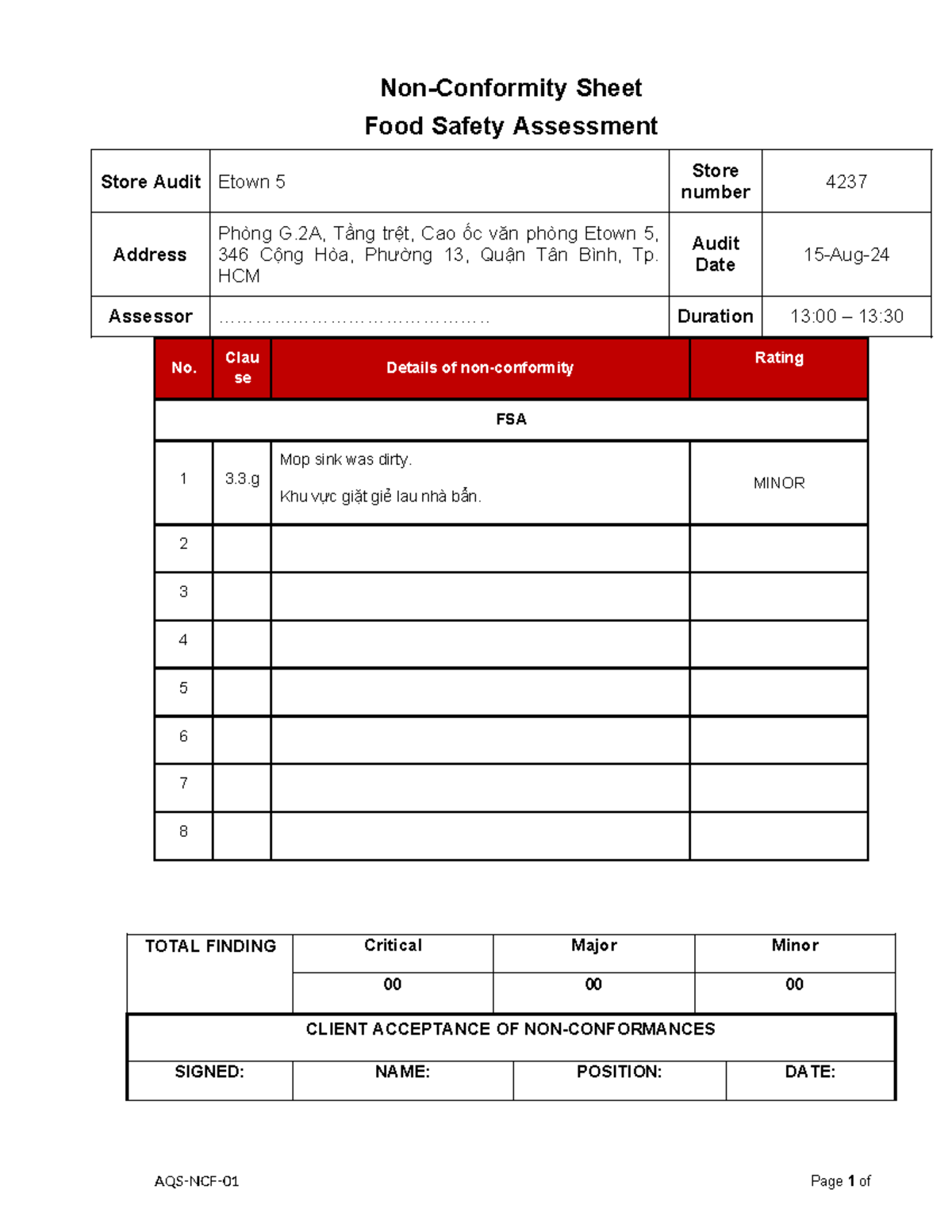 FSA Report: Food Safety Assessment Audit at Etown 5 Store 4237 - Studocu