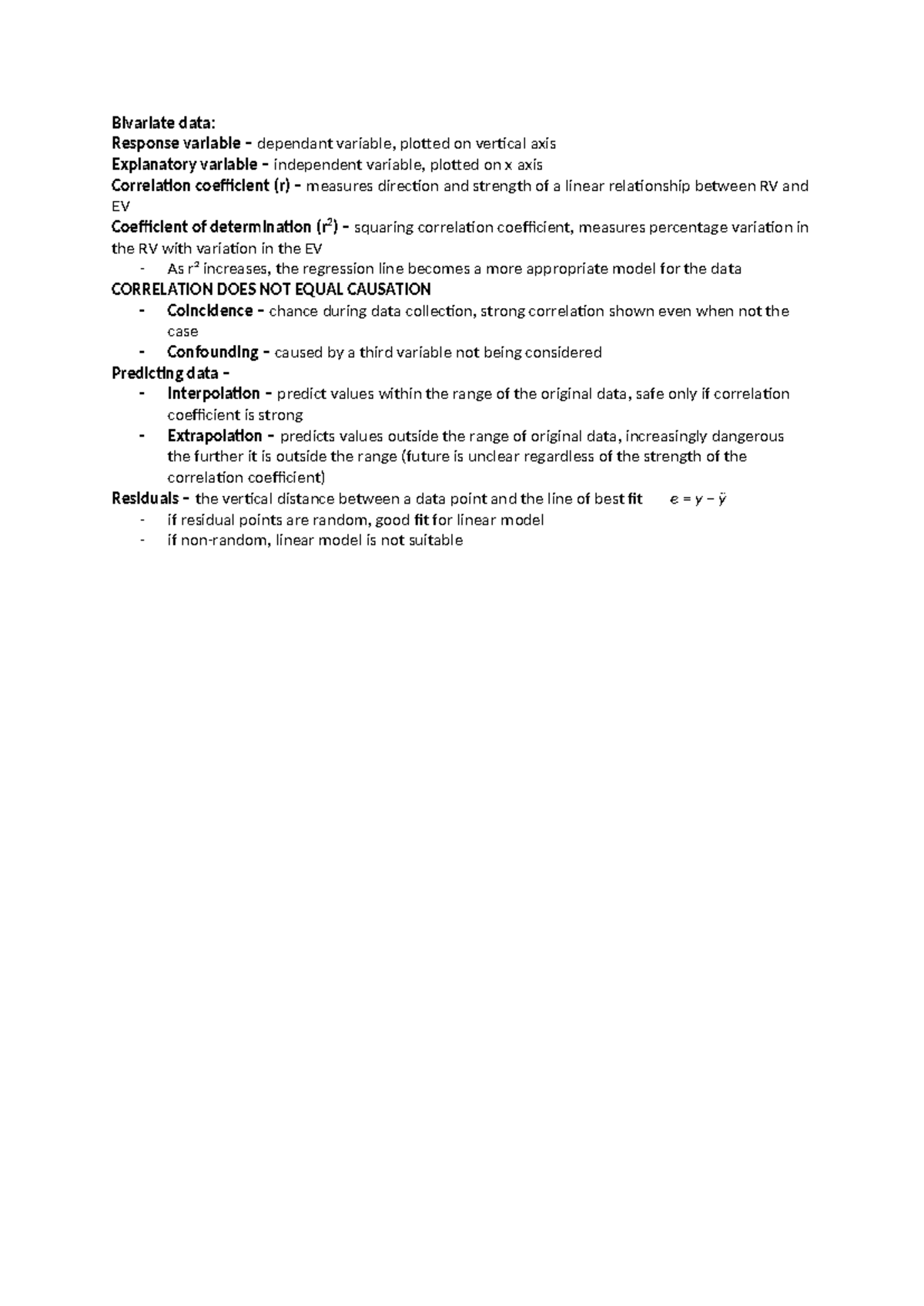 Cheat sheet term 1 - Bivariate data: Response variable – dependant ...