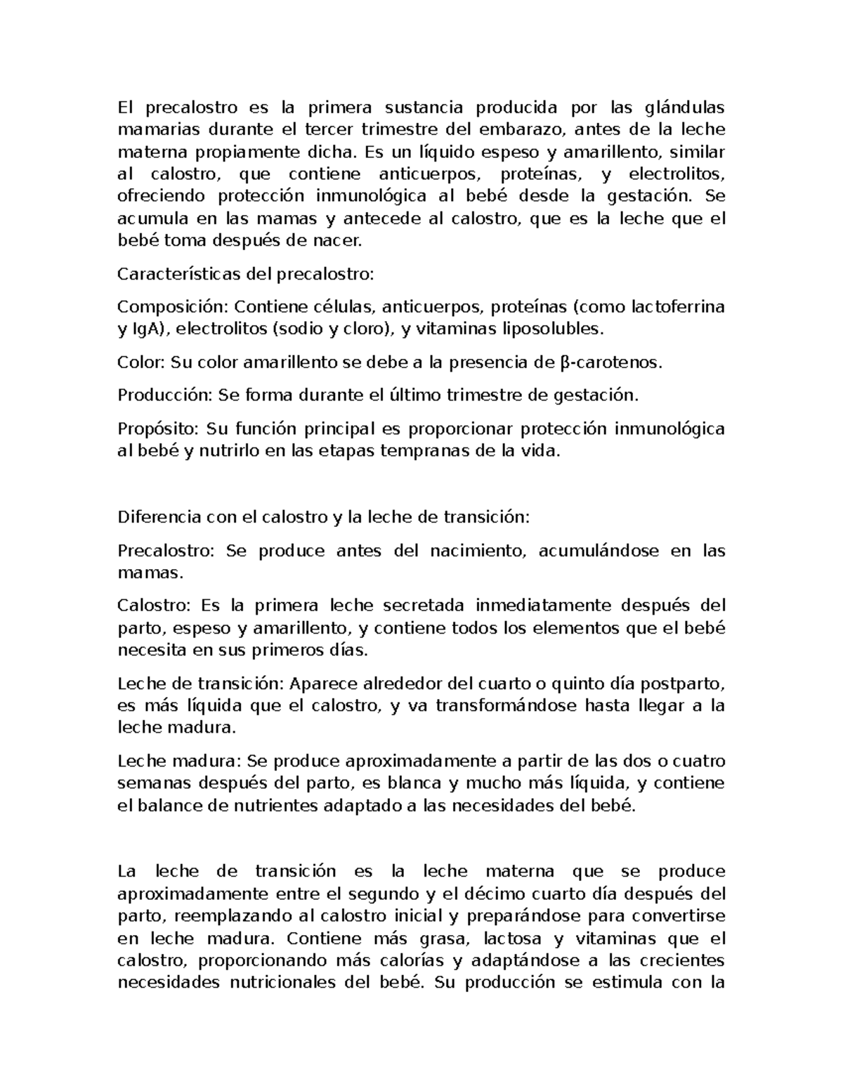 Lactancia Materna: Resumen de Clase sobre Precalostro y Calostro - Studocu