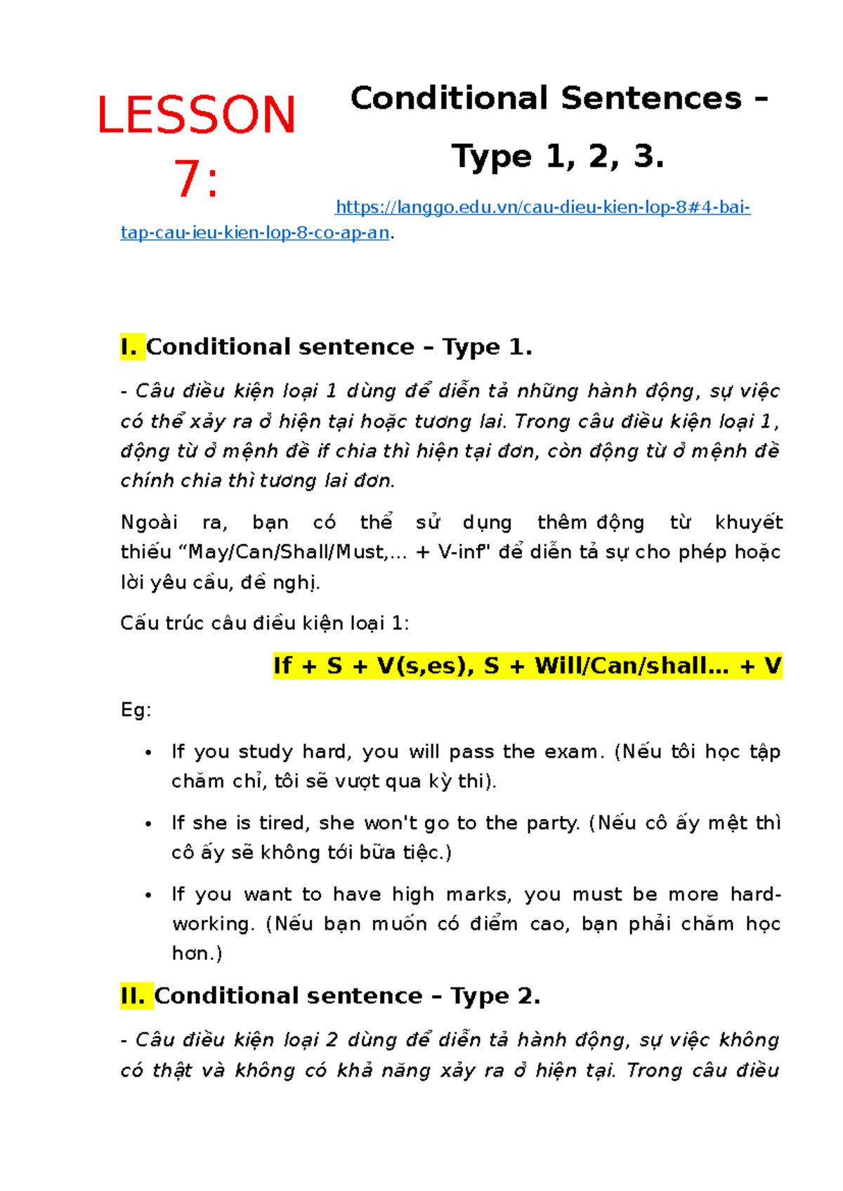 Conditional Sentences LESSON 7: Types 1, 2, and 3 Explained - Studocu