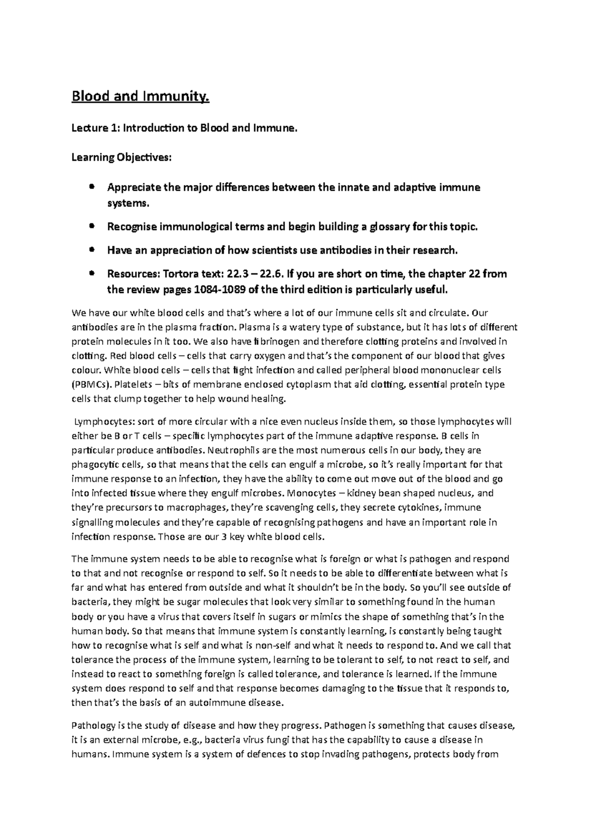 Biosci 107: Lecture Notes on Blood and Immune System Fundamentals - Studocu