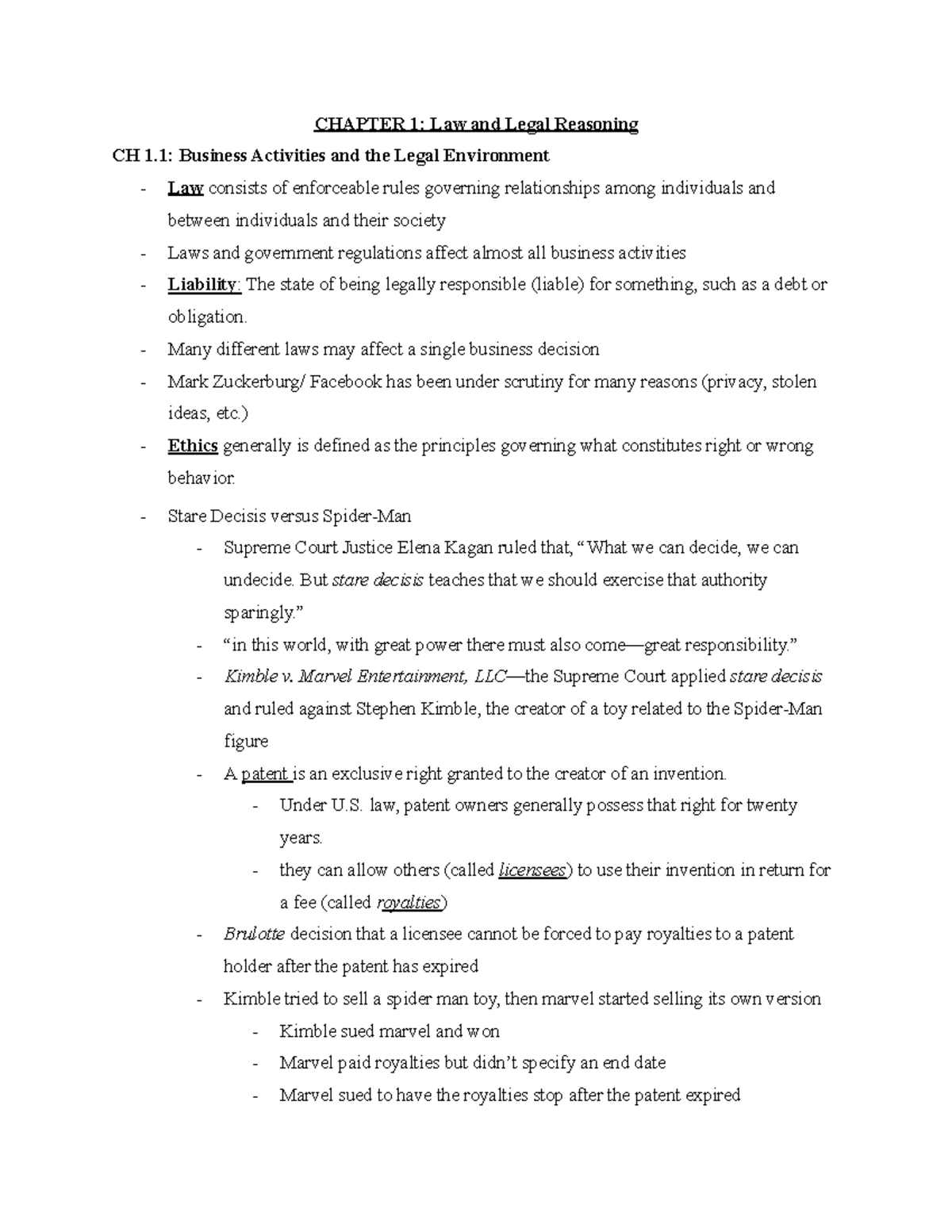 BULW 301 Final Exam Chapter 1 Notes on Law and Legal Reasoning - Studocu