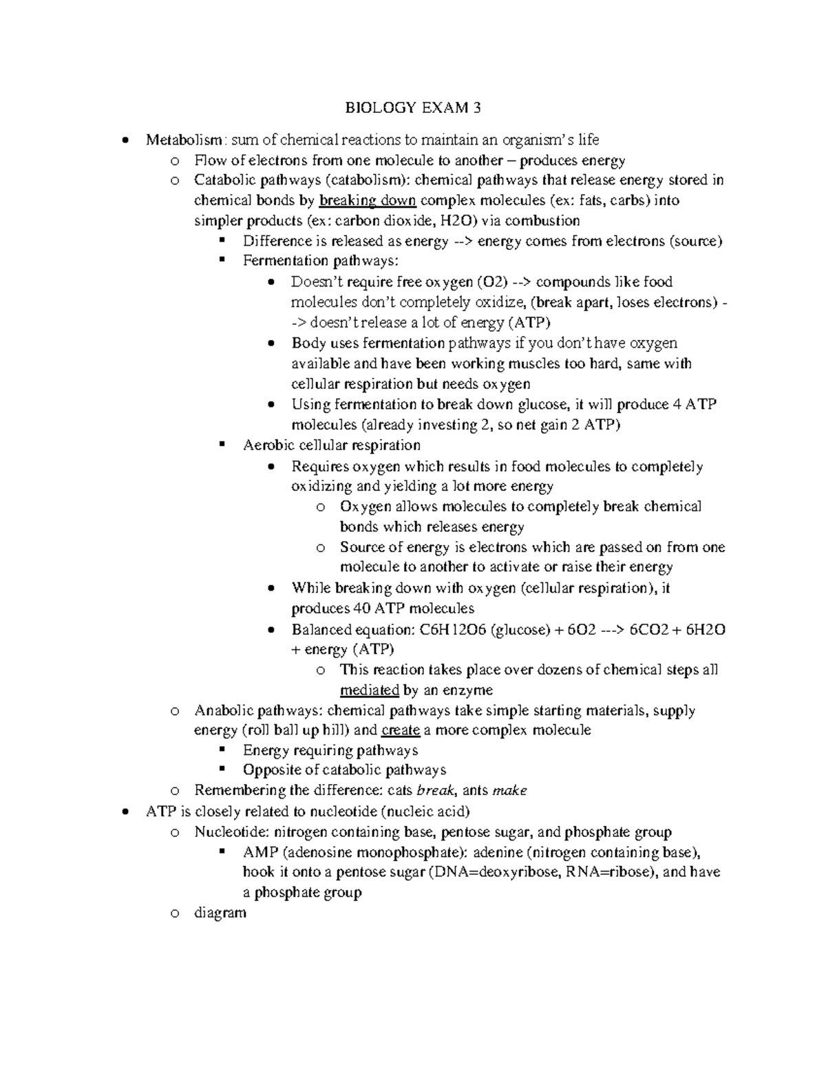Biology Exam 3 Study Notes: Metabolism, Cellular Respiration & ATP ...