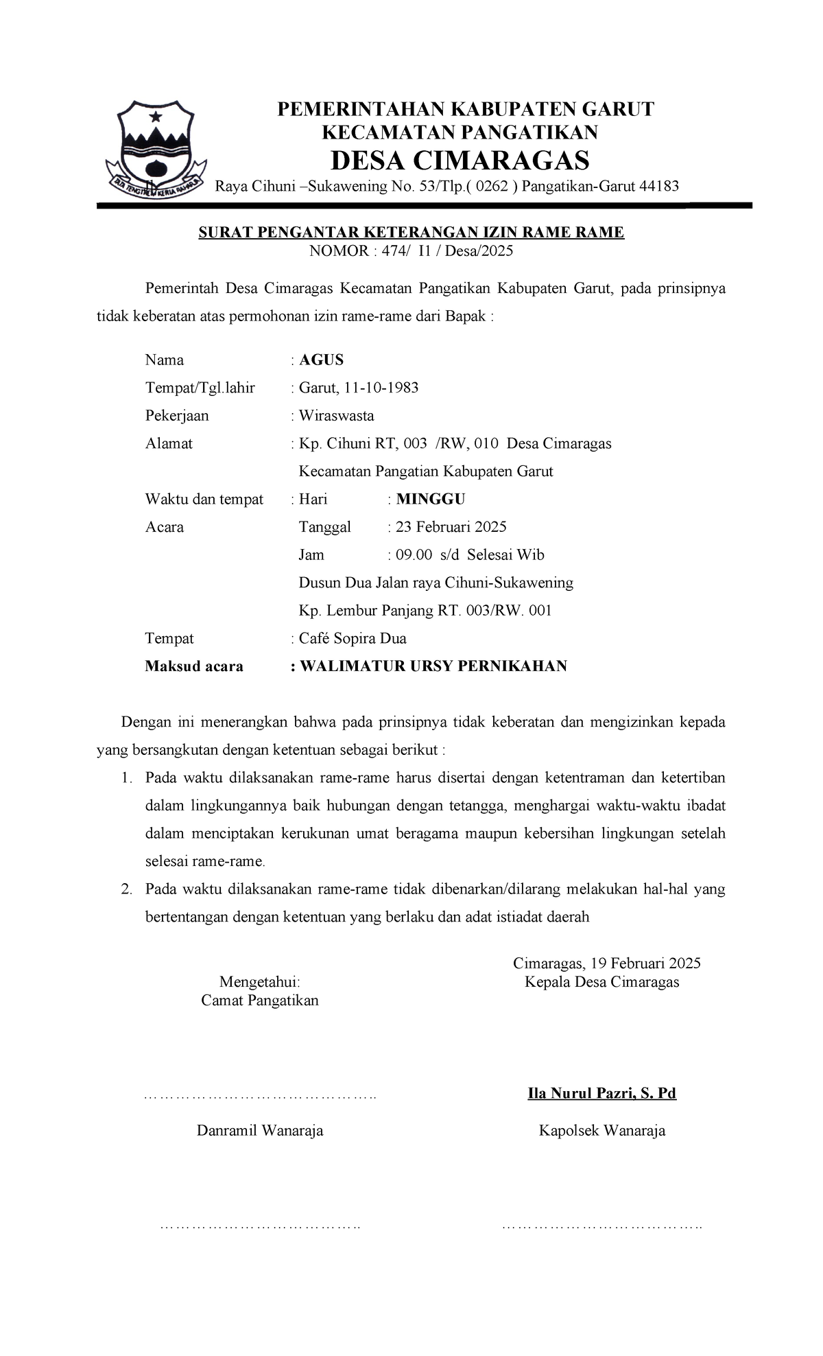 Surat Izin Keramaian Desa Cimaragas - Pangatikan, Garut - Studocu