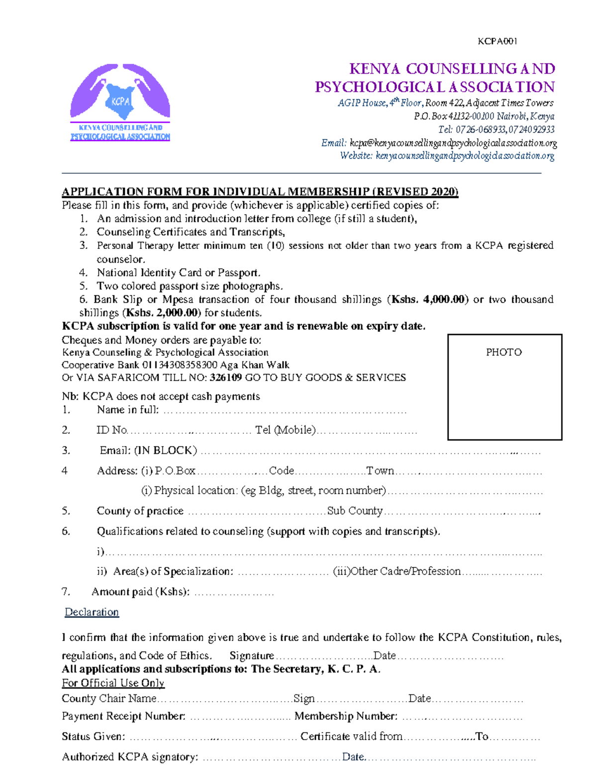 KCPA 001 Individual Membership Application Form (Revised 2020) - Studocu
