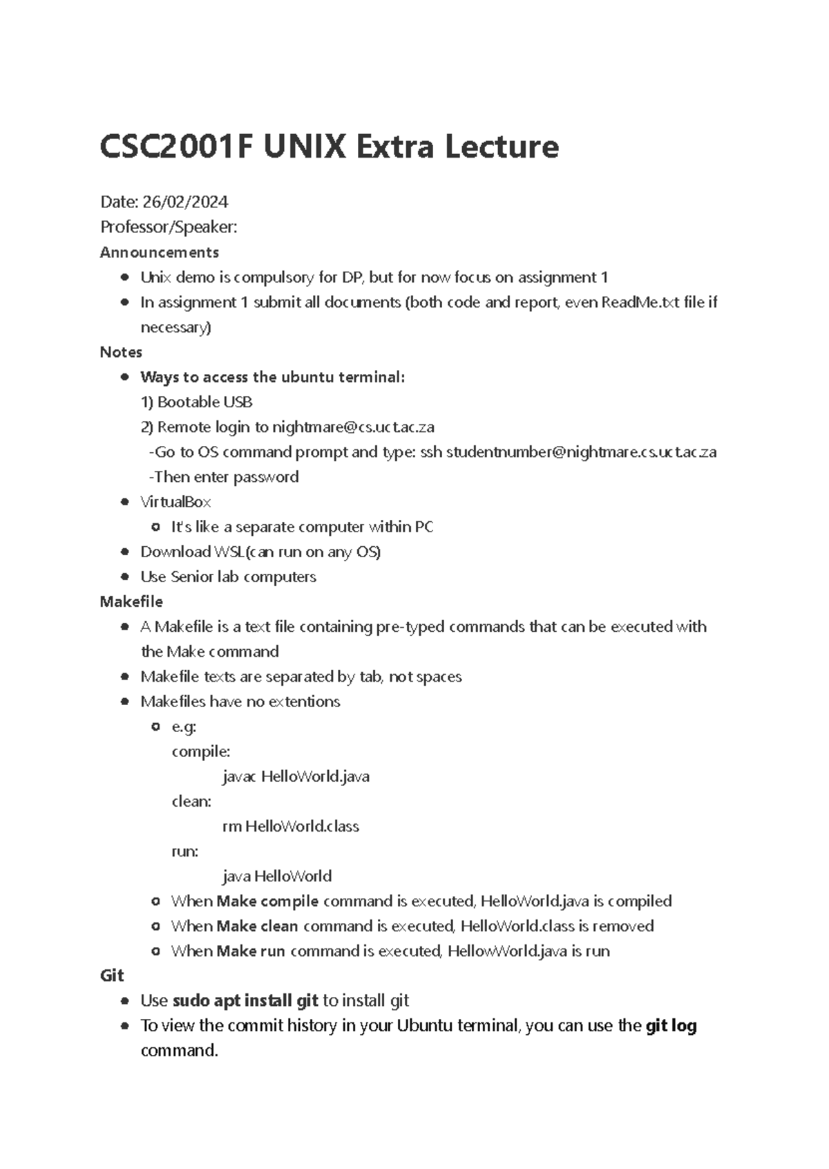 CSC2001F UNIX Extra Lecture: Assignment 1 & Makefile Overview - Studocu