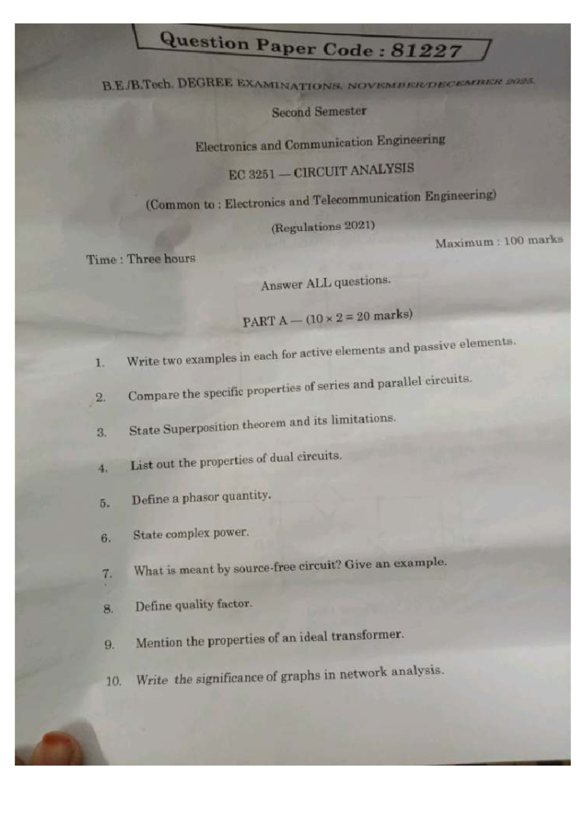 EC 3251 Circuit Analysis Nov-Dec 2025 Question Paper - Studocu