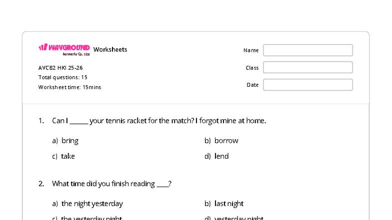 AVCB2 HKI Class Worksheets: Total Questions & Answers - Studocu