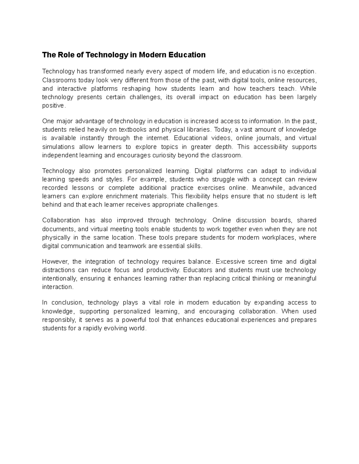 The Impact of Technology on Modern Education: An Essay - Studocu