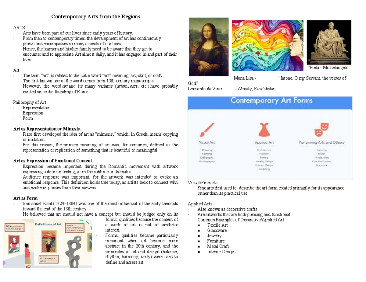 Contemporary Arts Overview: ARTS Course Insights and Concepts - Studocu