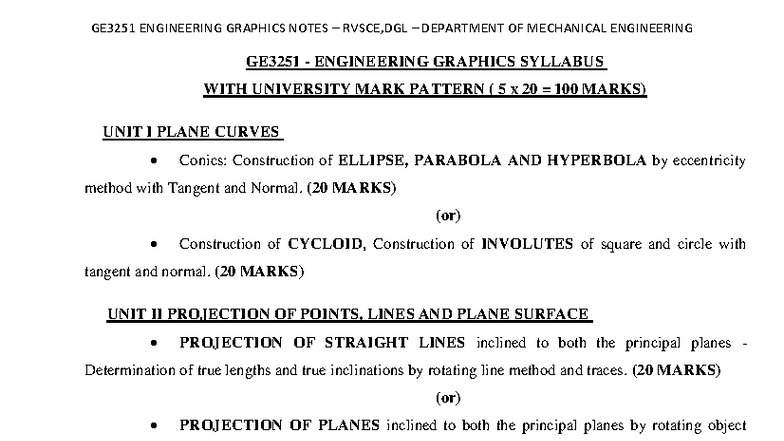 GE3251 Engineering Graphics Final Exam Notes RVSCE, DGL - Studocu