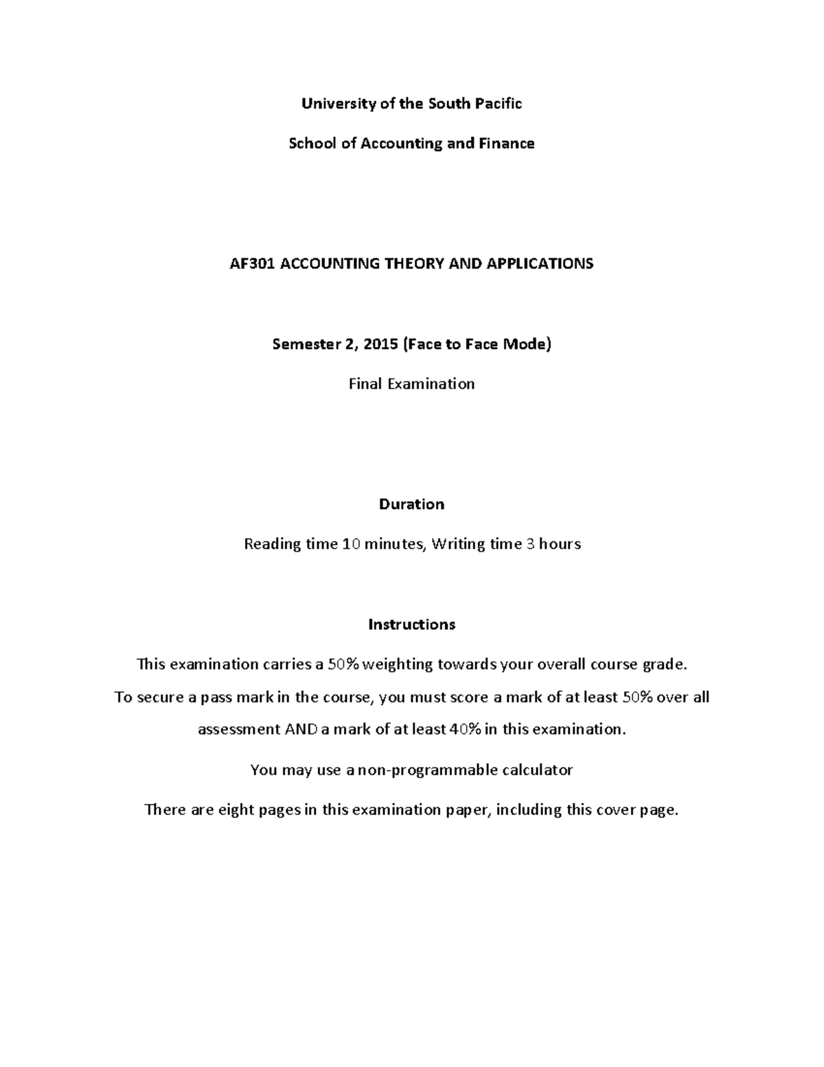 AF301 Exam - final paper - University of the South Pacific School of ...