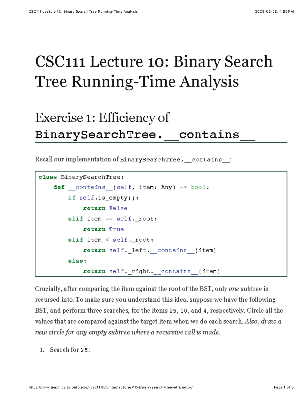 CSC111 Lecture 10: Binary Search Tree Running-Time Analysis - Studocu
