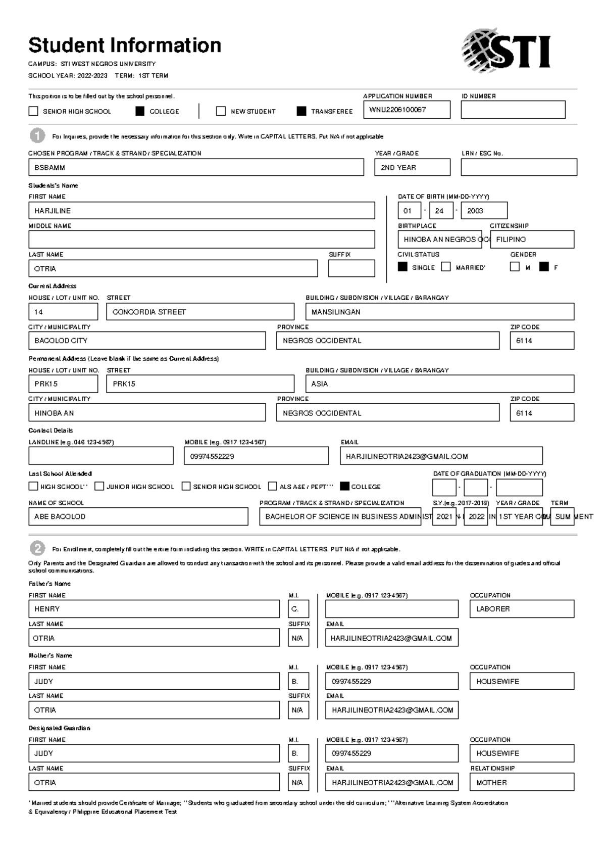 STI-WNU Student Information Registration Form (2022-2023) - Studocu