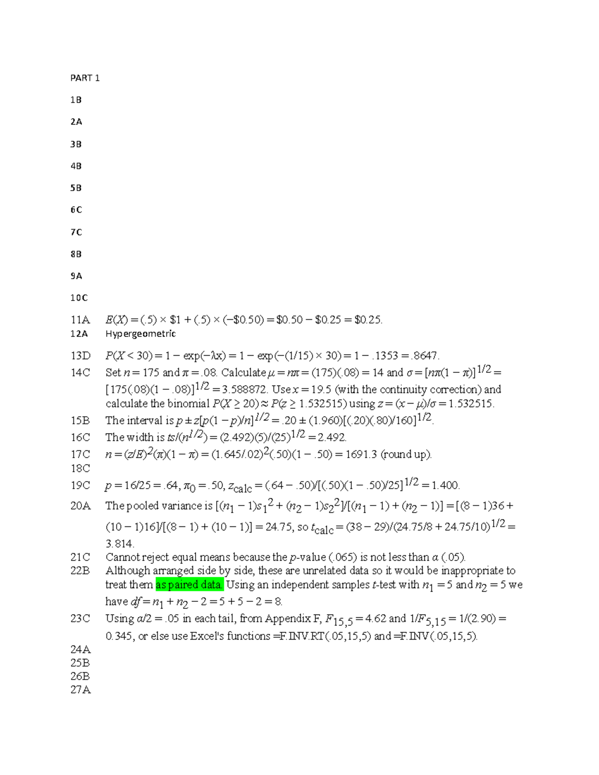 Solutions to final exam 2 sample test - PART 1 1B 2A 3B 4B 5B 6C 7C 8B ...