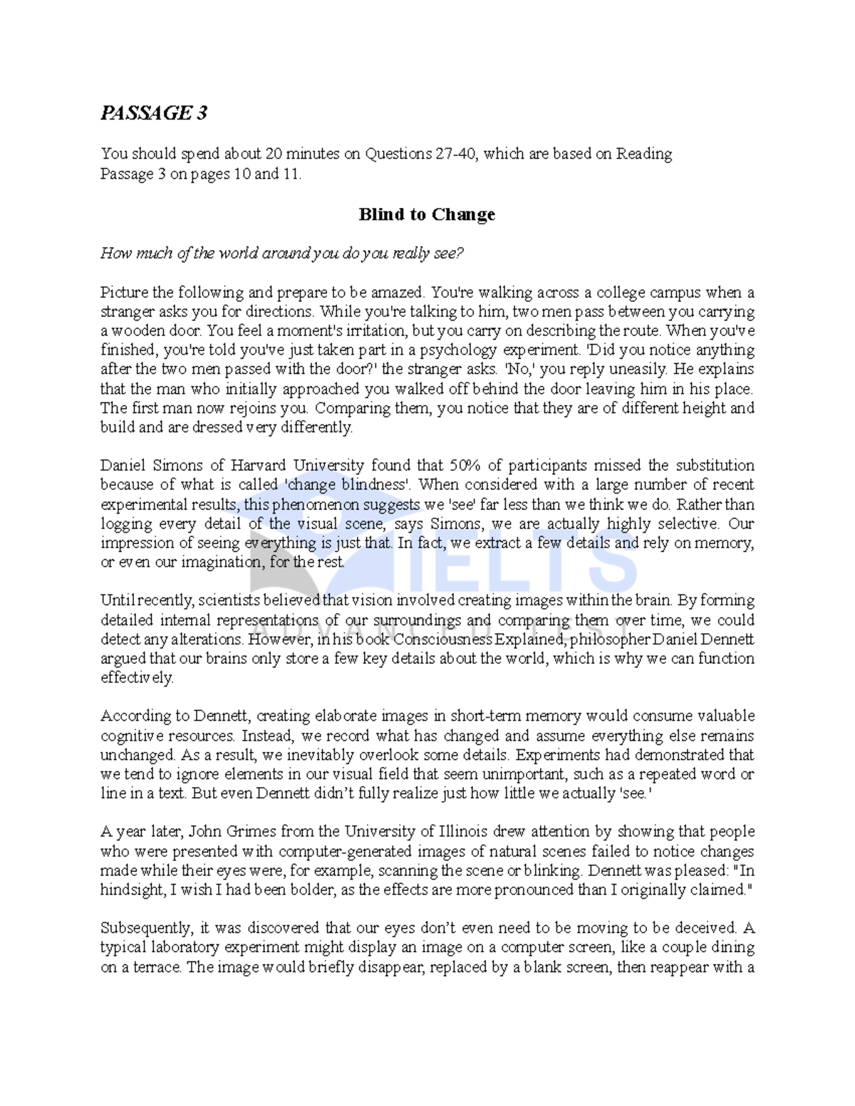 Psychology 101: Blind to Change - Reading Passage 3 Analysis - Studocu