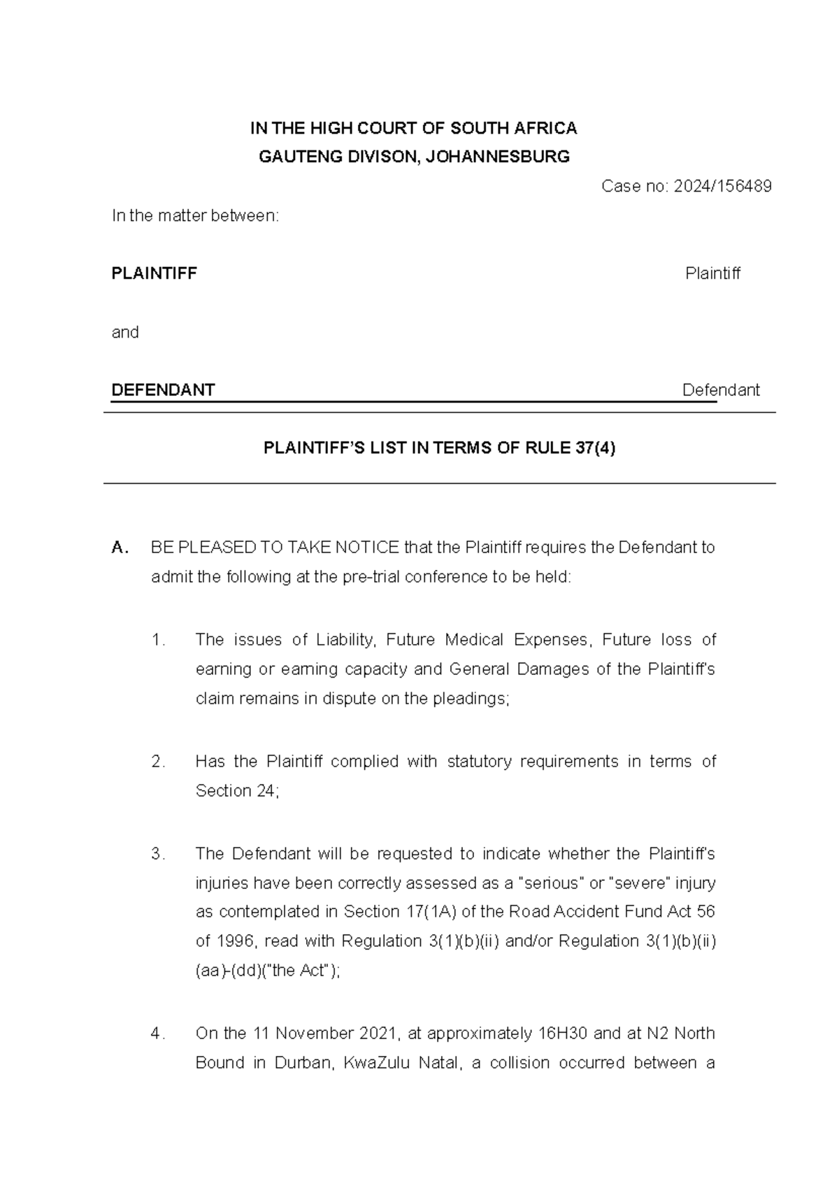 Pre-Trial Agenda - Rule 37(4) Notice in High Court Case No: [Case No ...