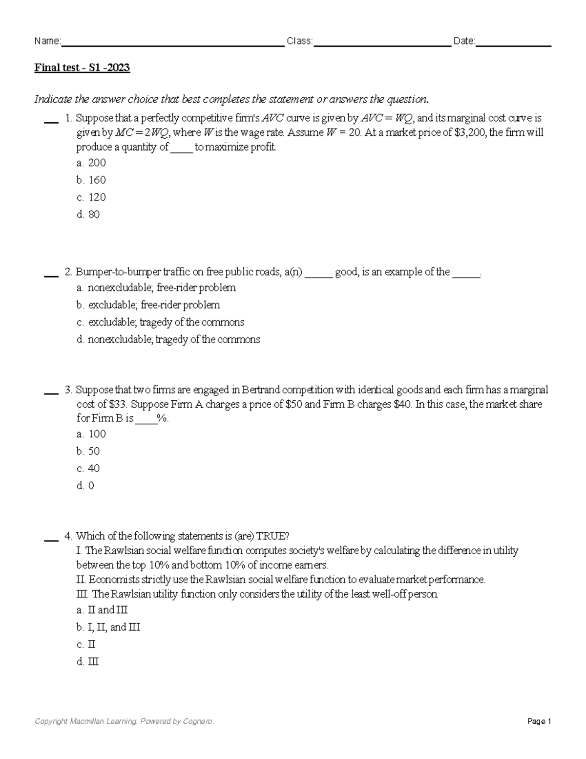 Final Exam Economics - S1 2023 Questions and Answers - Studocu