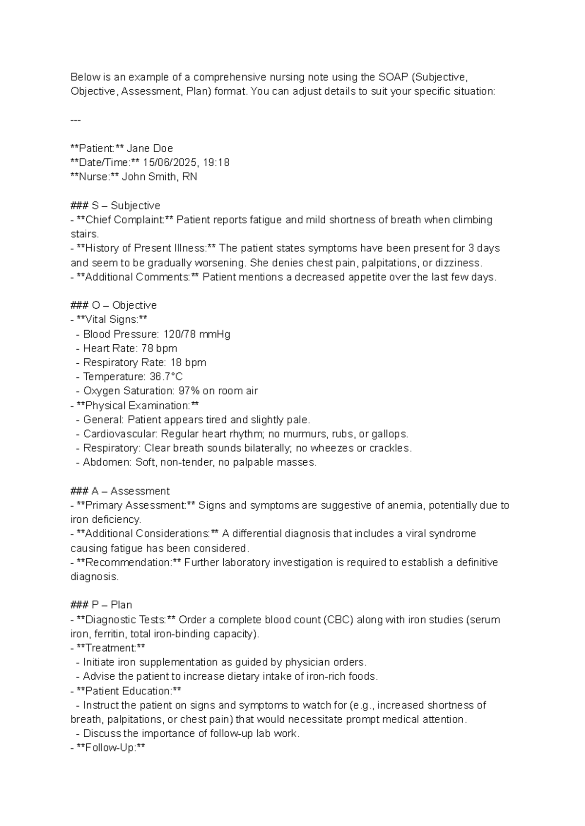 Nursing SOAP Note Example: Patient Assessment & Plan (Year 1) - Studocu