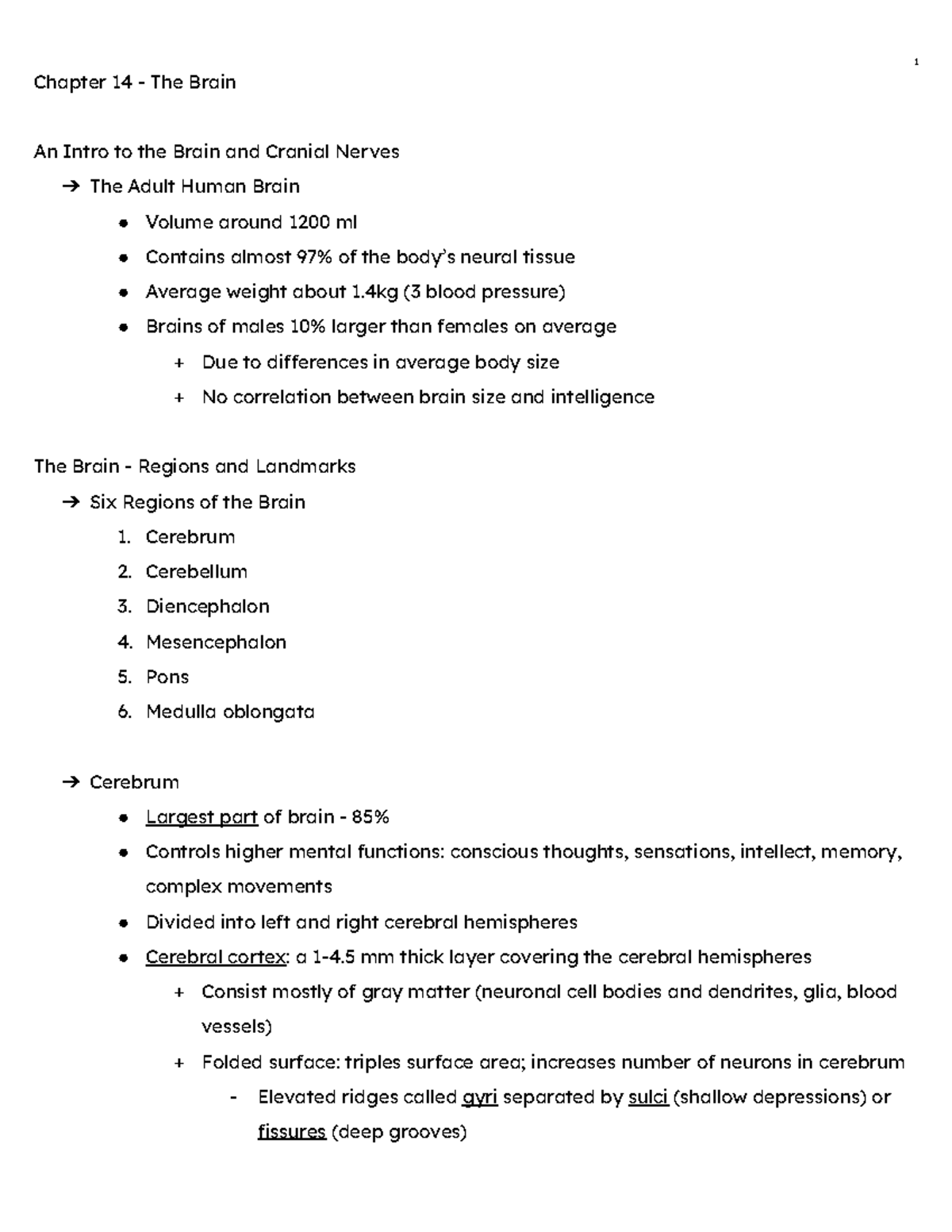 Chapter 14 ppt notes ️ - Chapter 14 - The Brain An Intro to the Brain ...