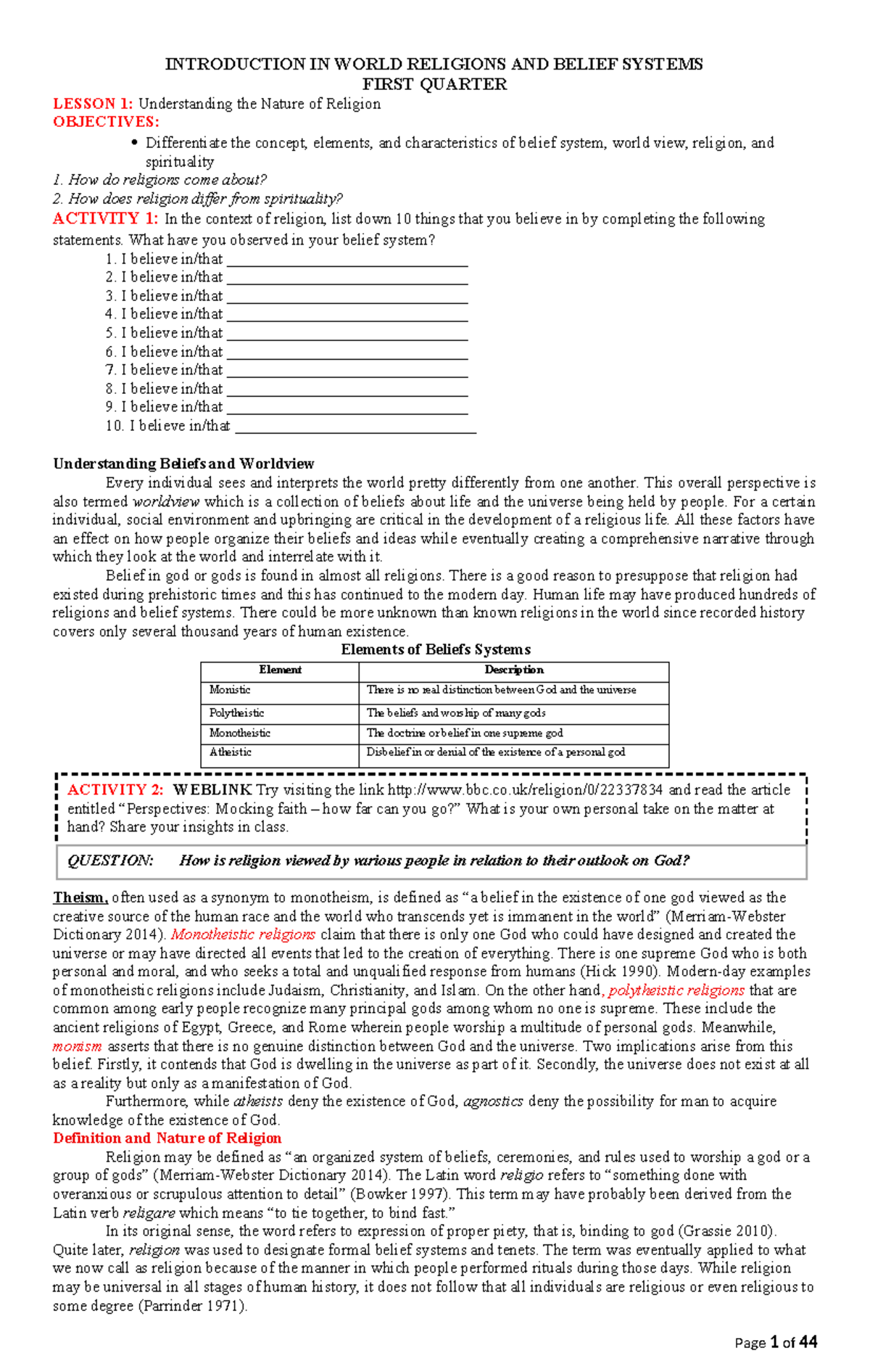 INTRODUCTION TO WORLD RELIGIONS AND BELIEF SYSTEMS: FIRST QUARTER ...