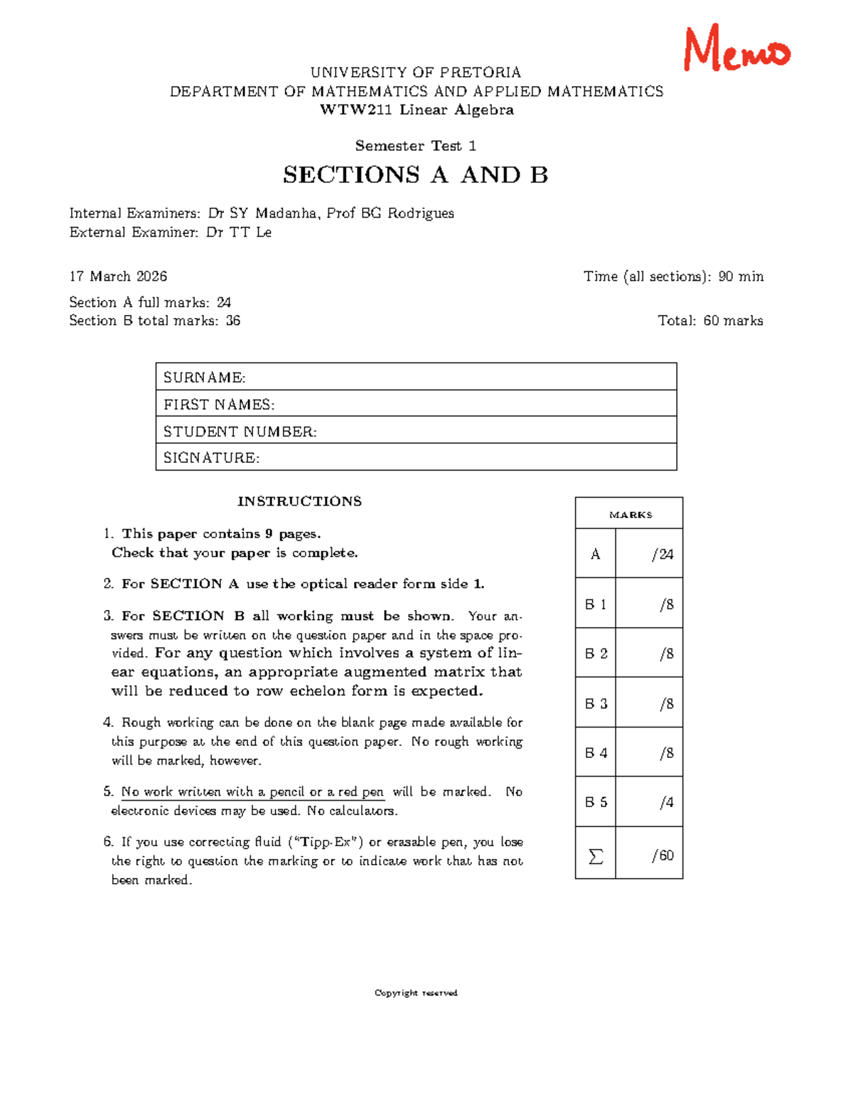 WTW211 Linear Algebra Semester Test 1 Memo - March 2026 - Studocu