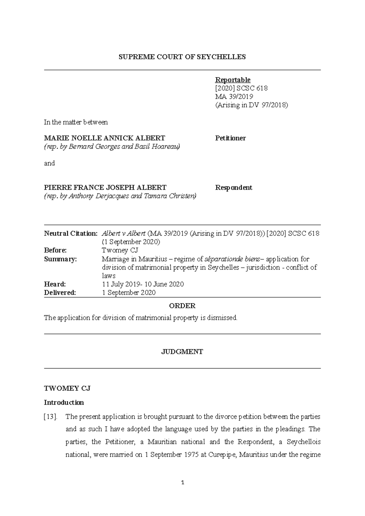Albert v Albert (MA 392019) - Matrimonial Property Division Judgment ...