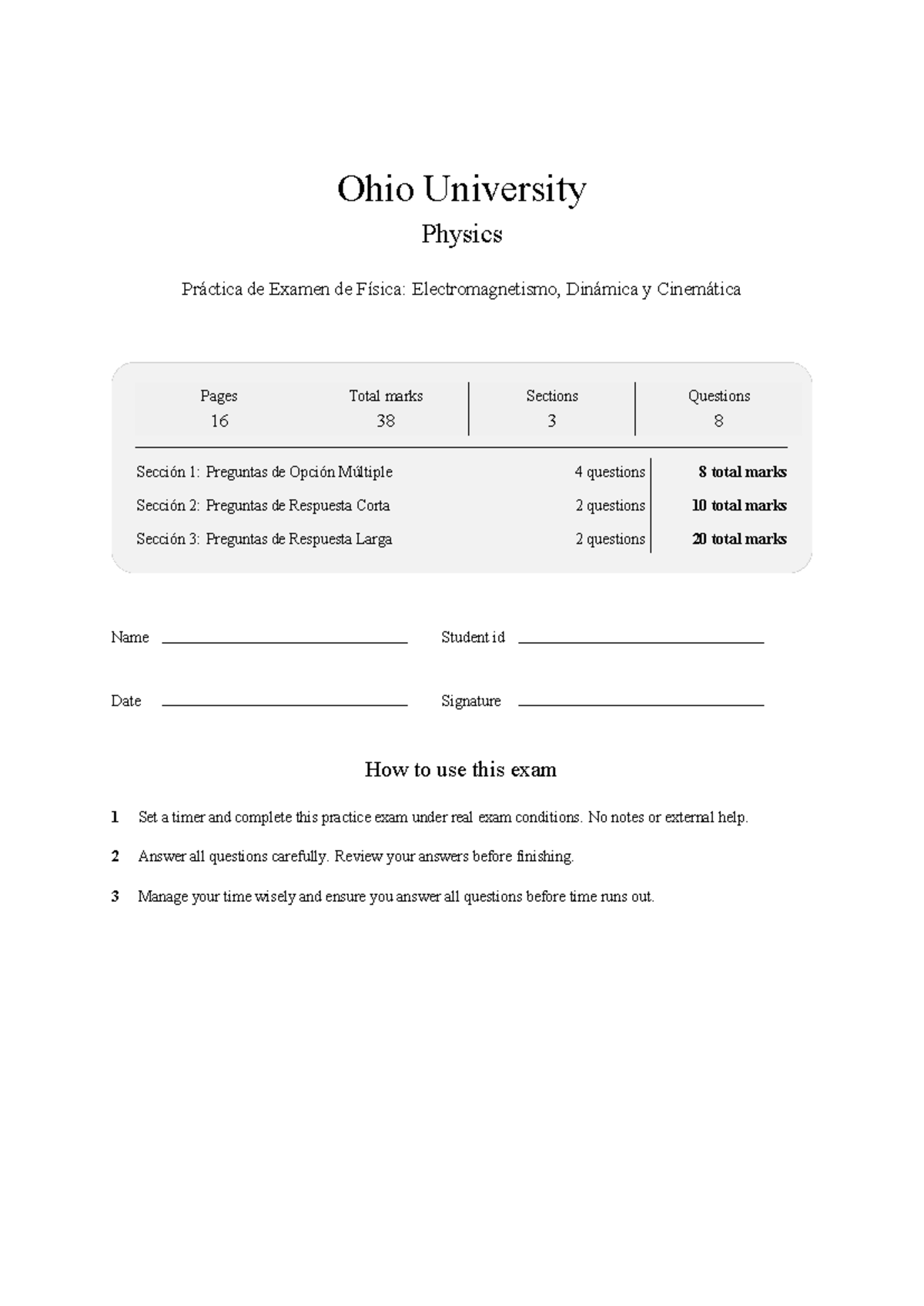 Ohio University PHYS 2001 Final Exam Practice: Electromagnetism ...
