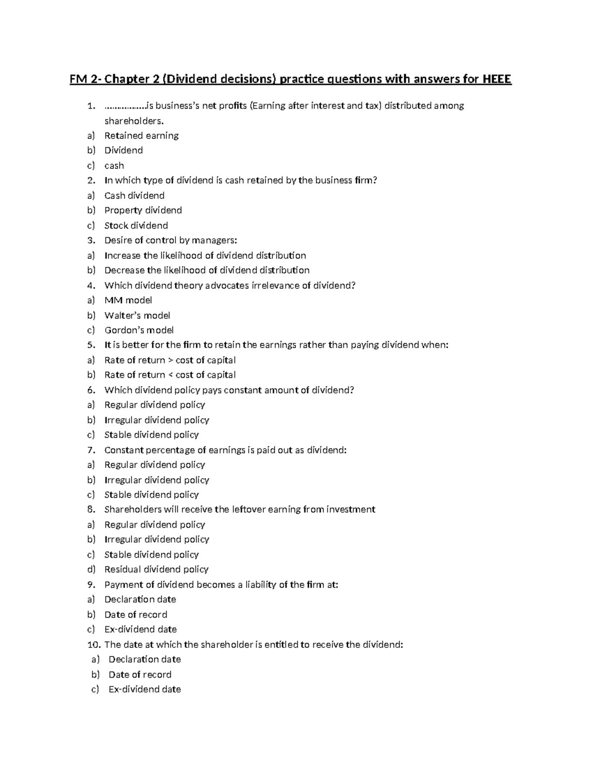 FM 2-chapter 2 - Good - FM 2- Chapter 2 (Dividend decisions) practice ...