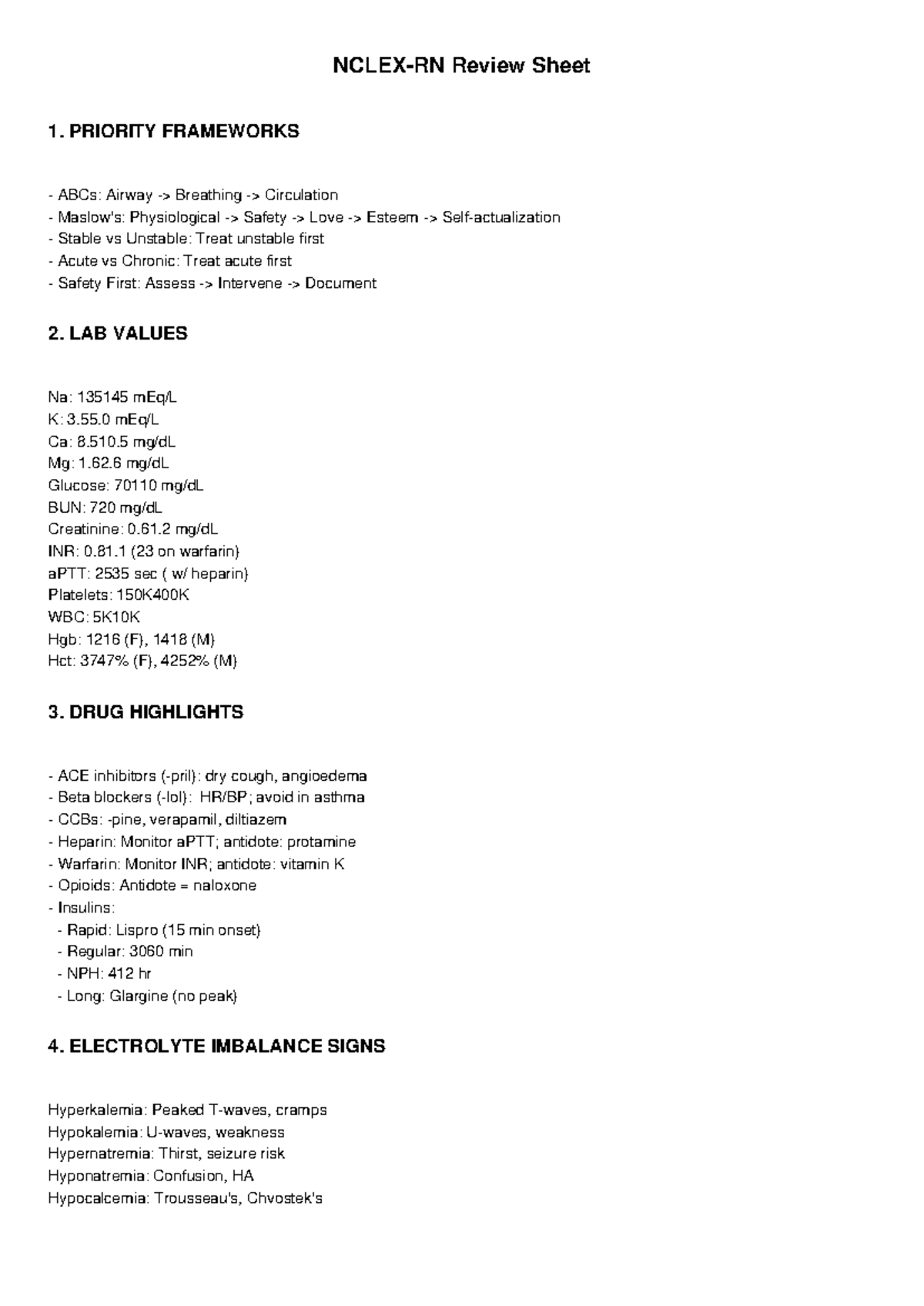 NCLEX Review Sheet: Priority Frameworks & Key Concepts - Studocu