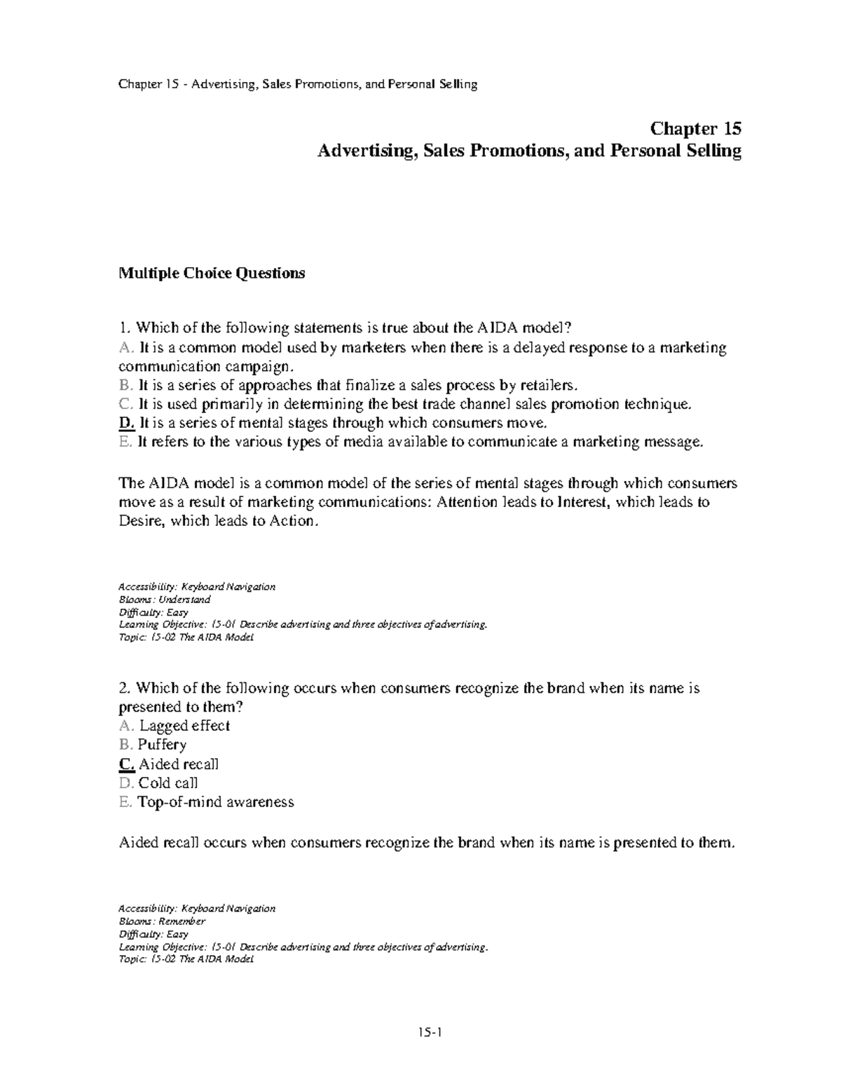 Chap015 - Test bank - Chapter 15 Advertising, Sales Promotions, and ...