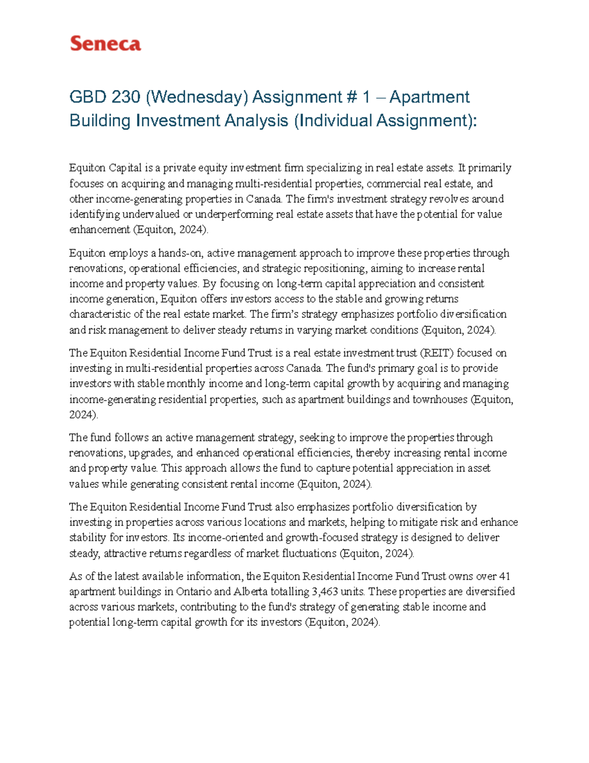 Assignment #1 GBD230 (Wed) Apartment Building Investment - GBD 2 30 ...