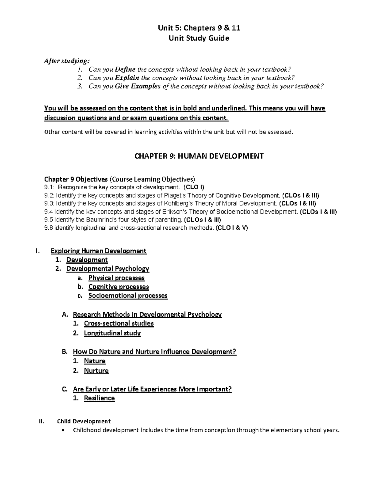 FALL 24 UNIT 5: Study Guide for Chapters 9 & 11 on Development & Gender ...