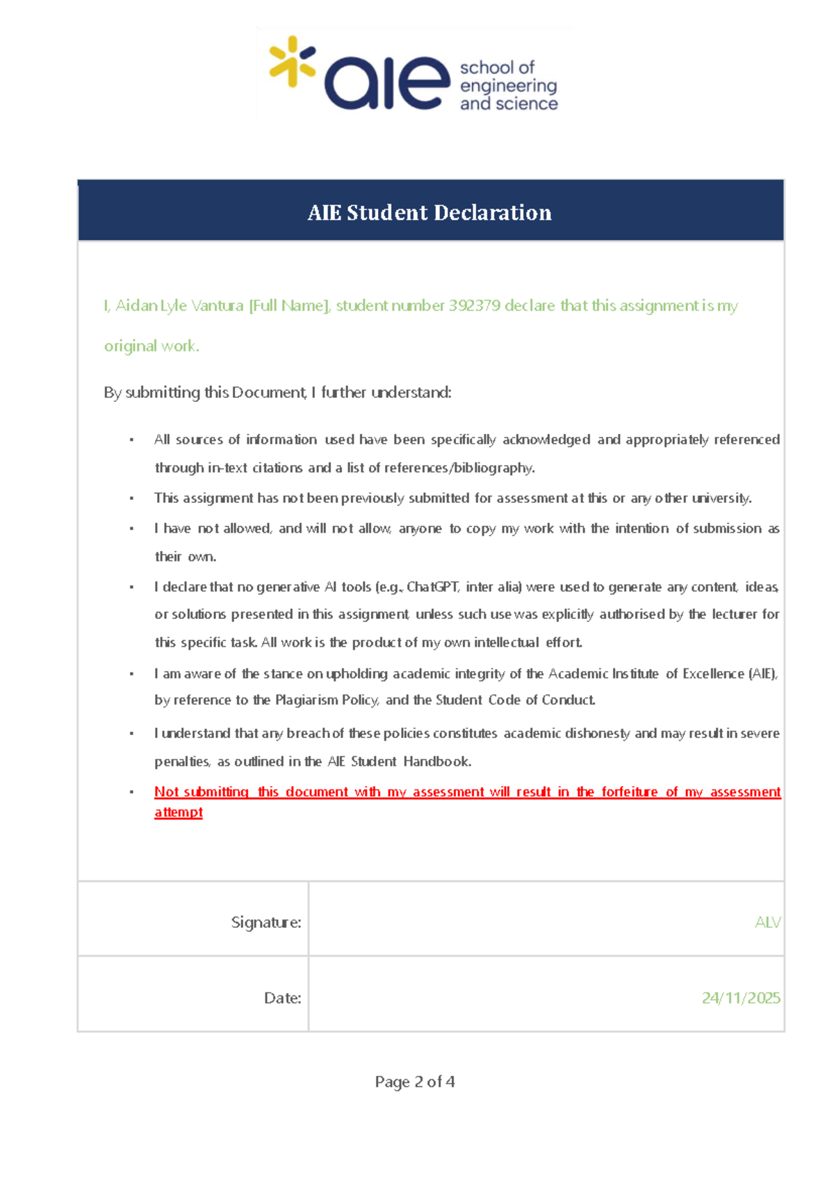 AIE ENCO101 - Student Declaration and Exam Integrity Statement - Studocu
