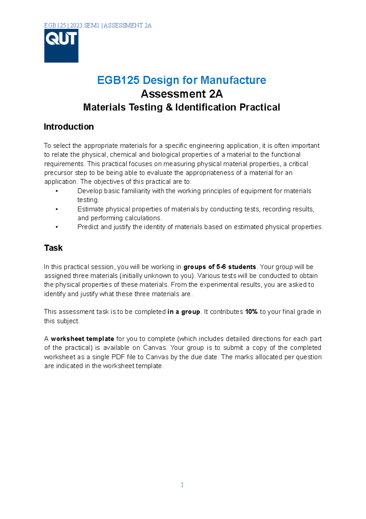 EGB125 Assessment 2A: Materials Testing & Identification Guide - Studocu