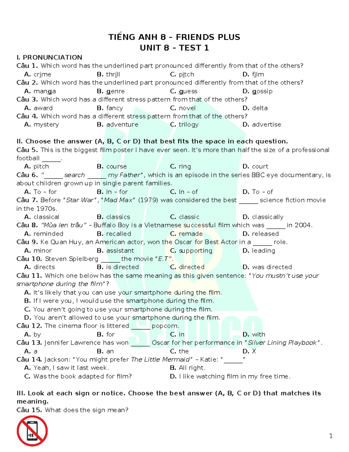 Tieng Anh 8 Friends Plus - Unit 8 - Test 1 - TIẾNG ANH 8 – FRIENDS PLUS ...