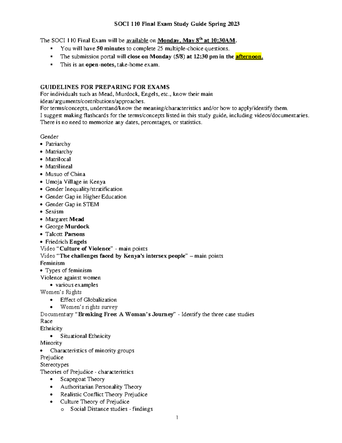 SOCI 110 Final Exam Study Guide for Spring 2023 - Studocu
